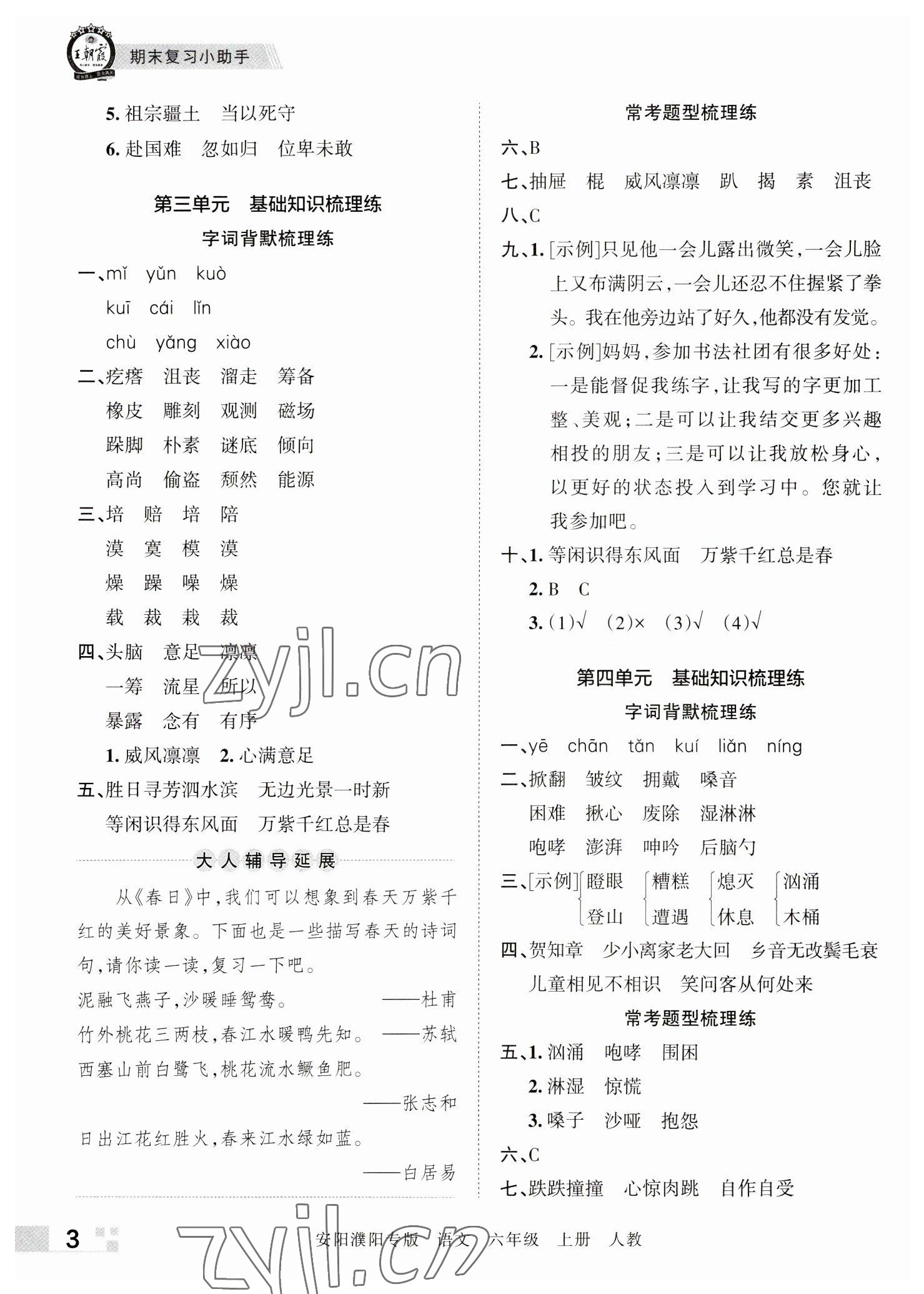 2022年王朝霞期末真题精编六年级语文上册人教版安阳濮阳专版 参考答案第3页