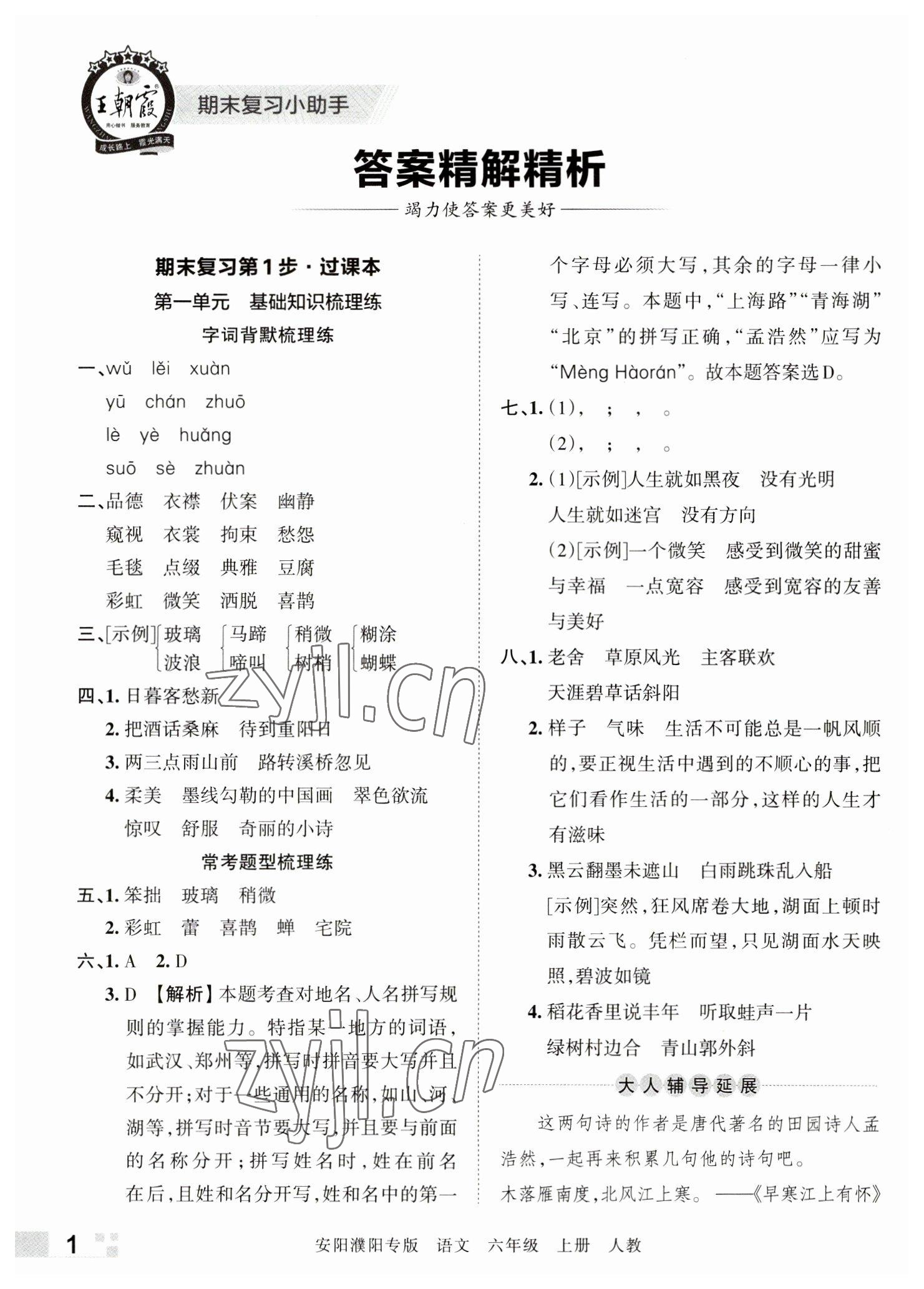 2022年王朝霞期末真題精編六年級(jí)語(yǔ)文上冊(cè)人教版安陽(yáng)濮陽(yáng)專(zhuān)版 參考答案第1頁(yè)