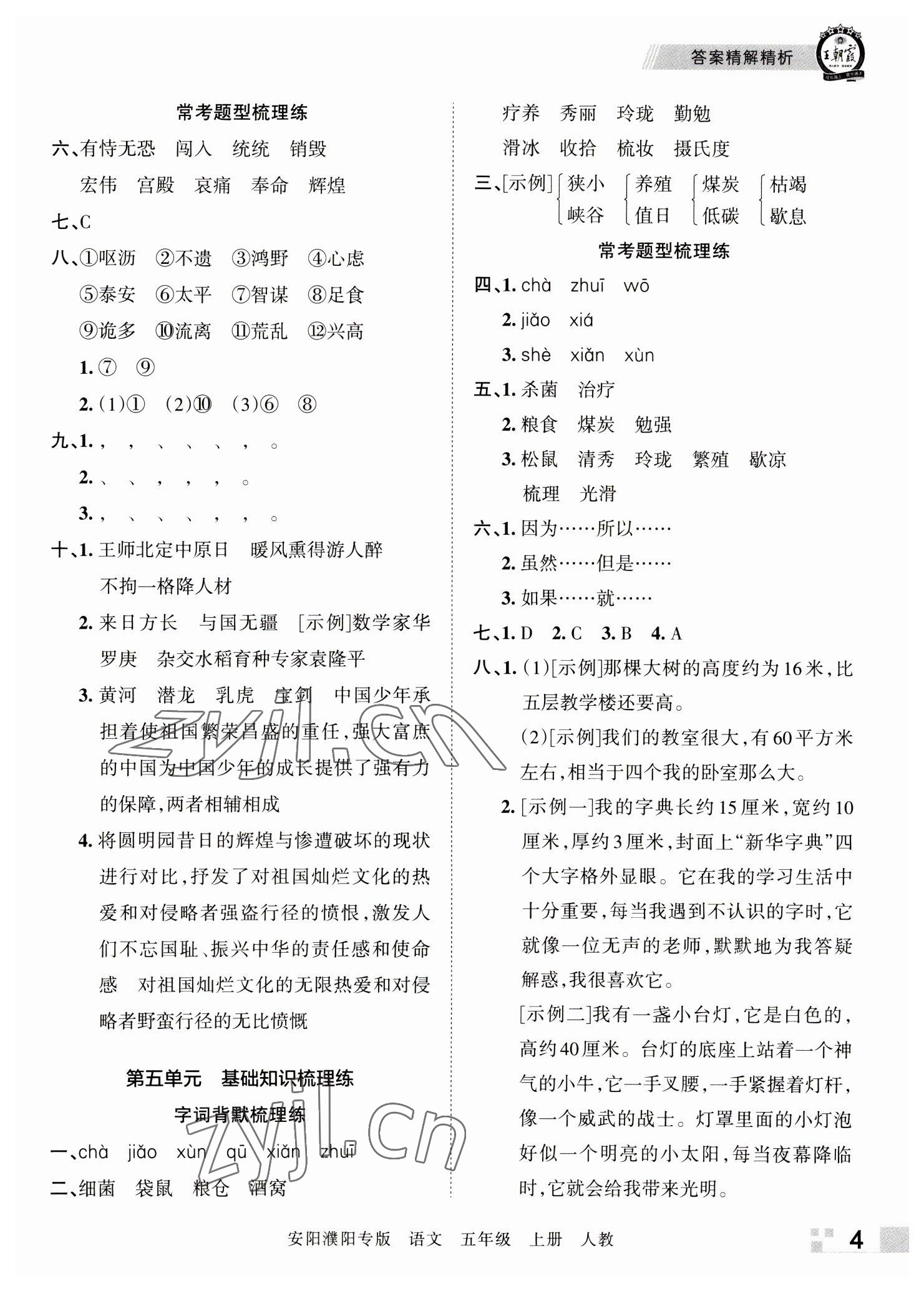 2022年王朝霞期末真題精編五年級(jí)語(yǔ)文上冊(cè)人教版安陽(yáng)濮陽(yáng)專版 參考答案第4頁(yè)