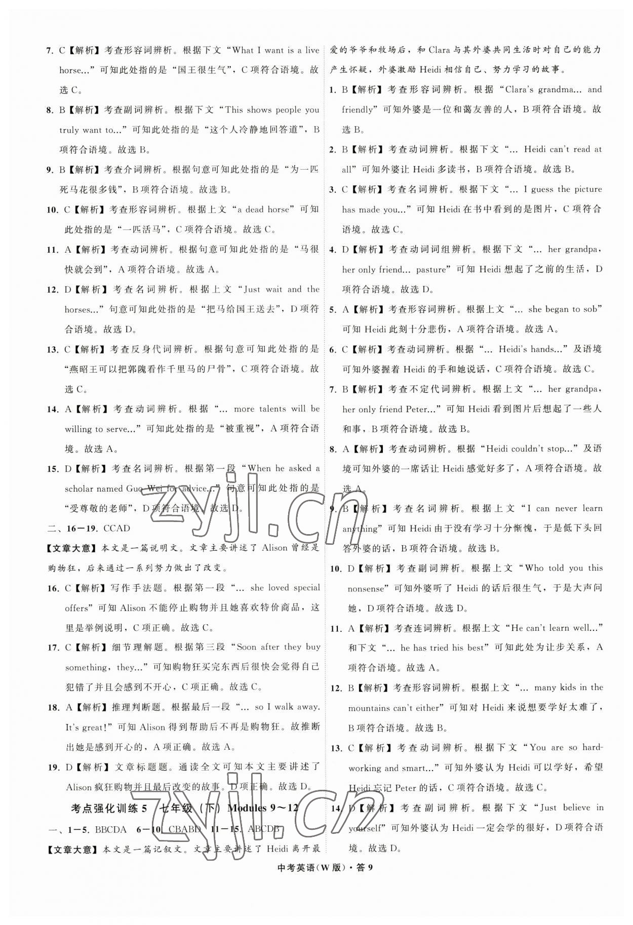 2023年名師面對面中考滿分特訓(xùn)方案九年級英語外研版浙江專版 參考答案第9頁