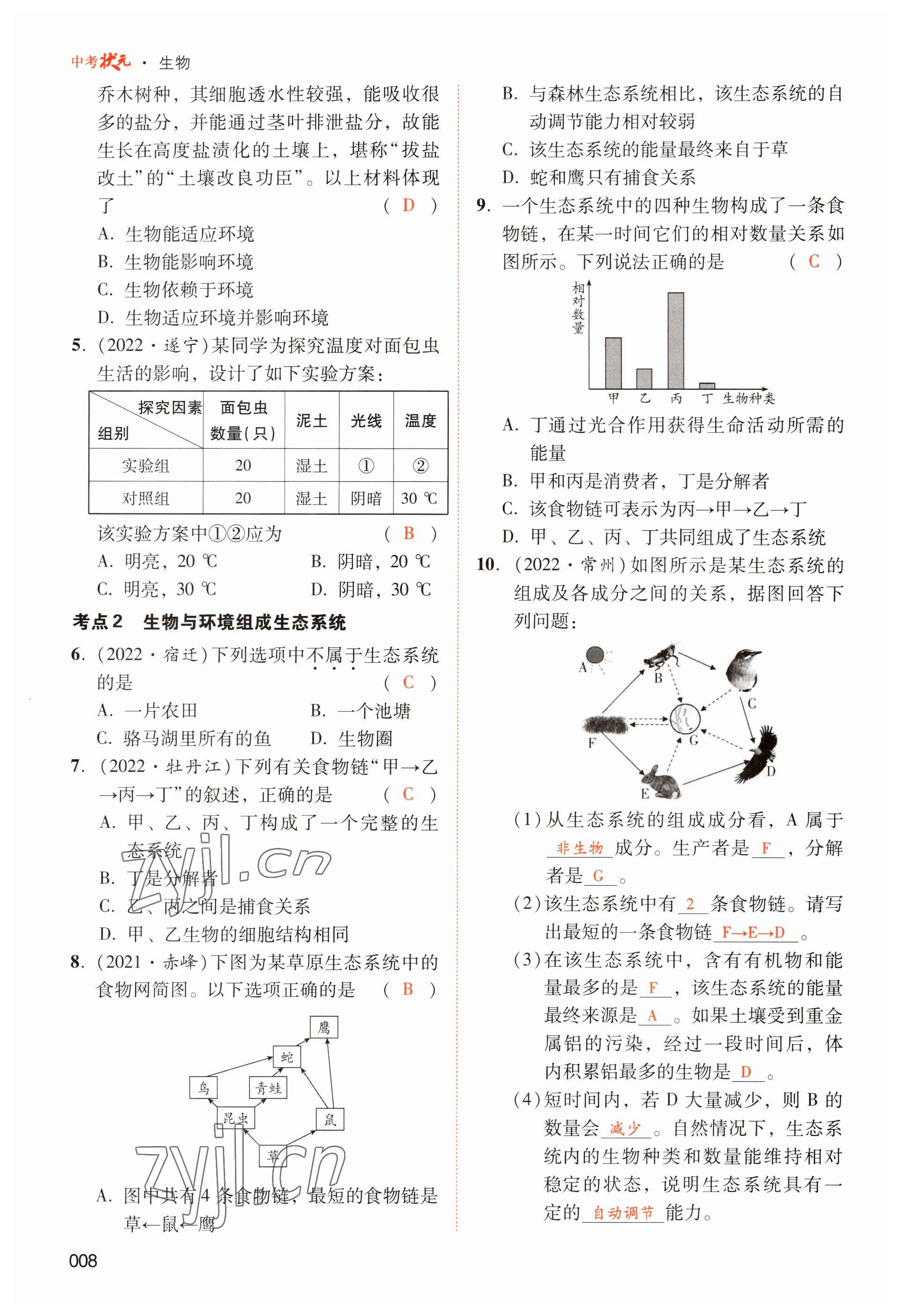 2023年中考狀元生物 參考答案第8頁