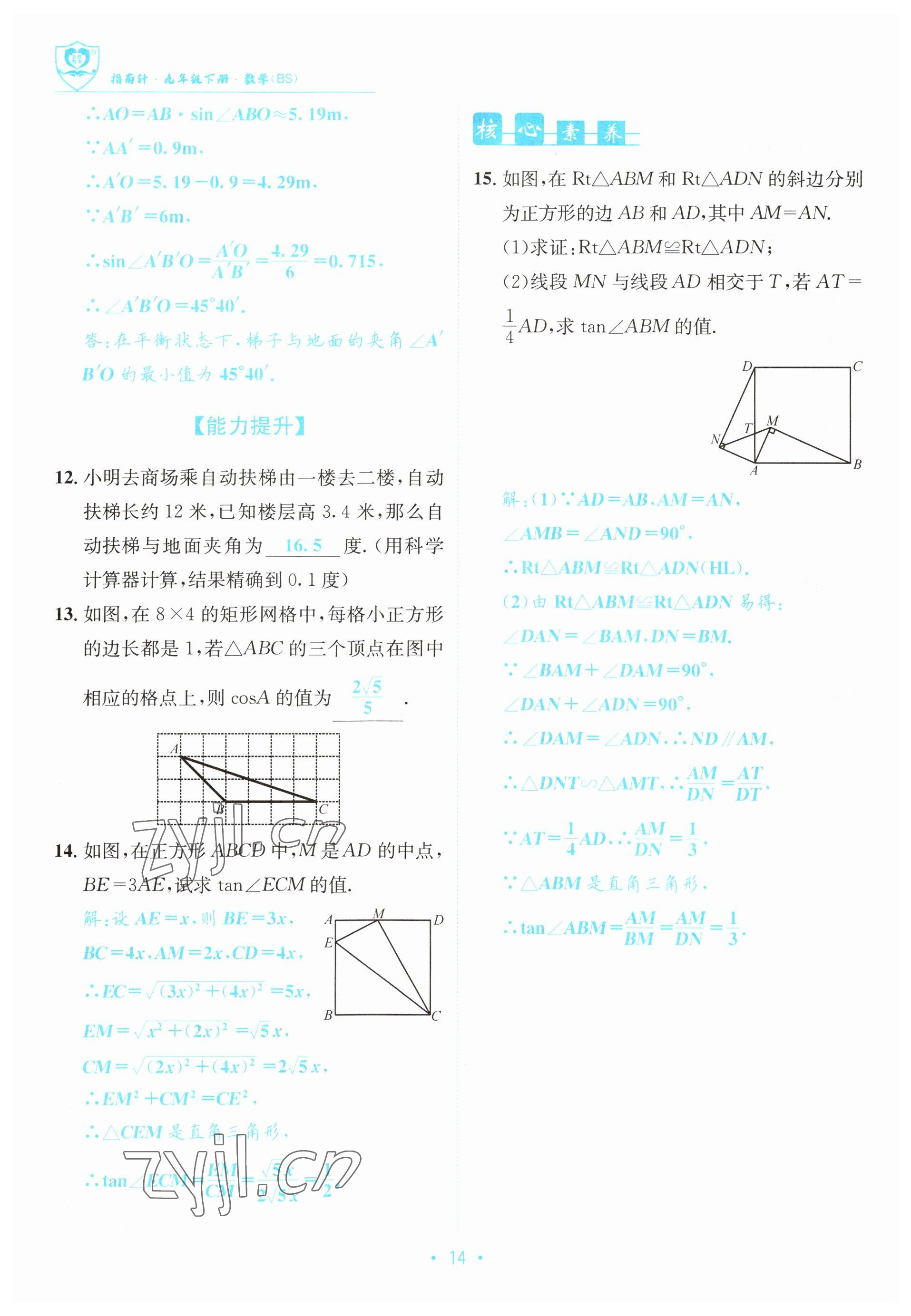 2023年指南针导学探究九年级数学下册北师大版 参考答案第14页