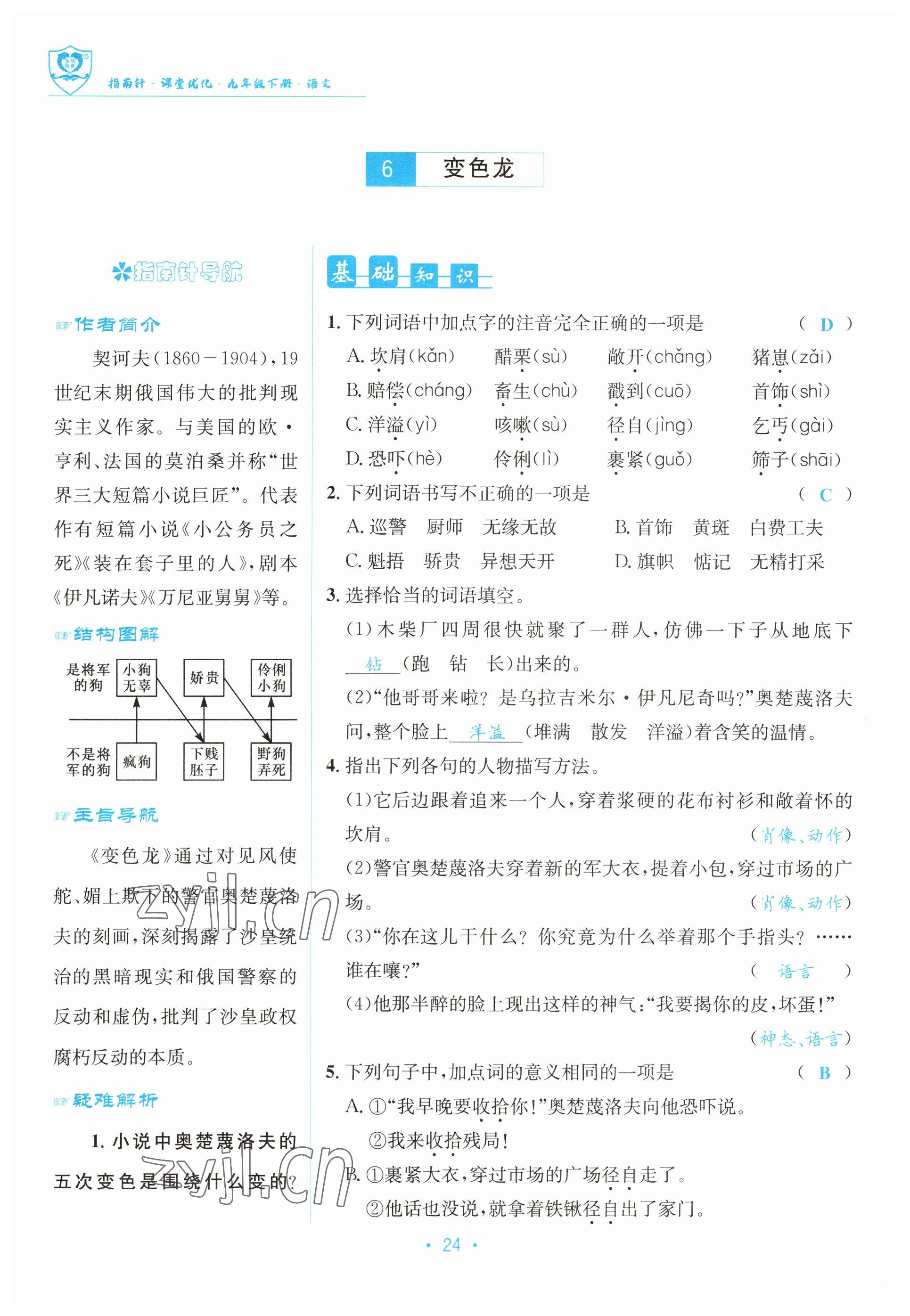 2023年指南針導(dǎo)學(xué)探究九年級語文下冊人教版 參考答案第24頁