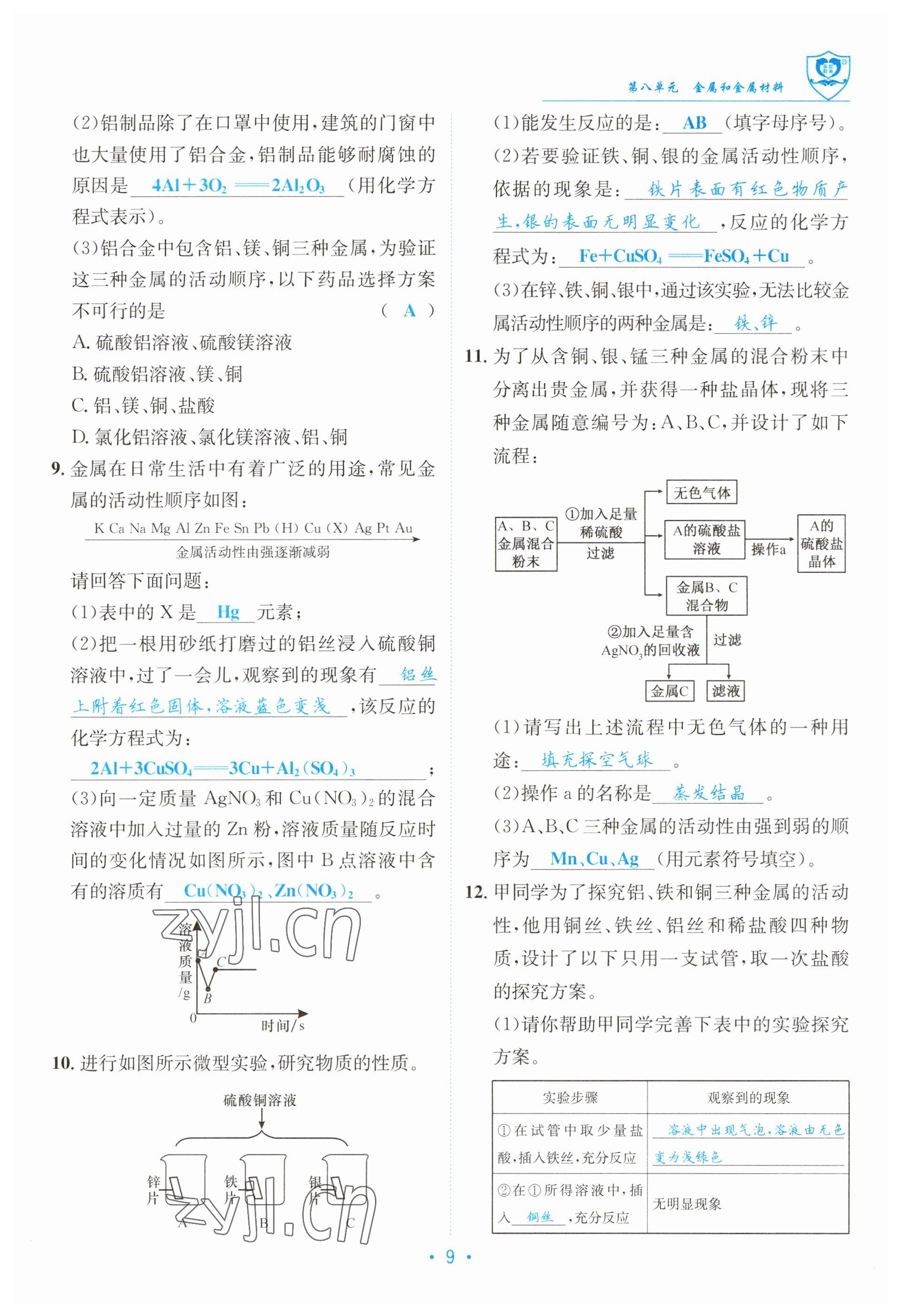 2023年指南针导学探究九年级化学下册人教版 参考答案第9页