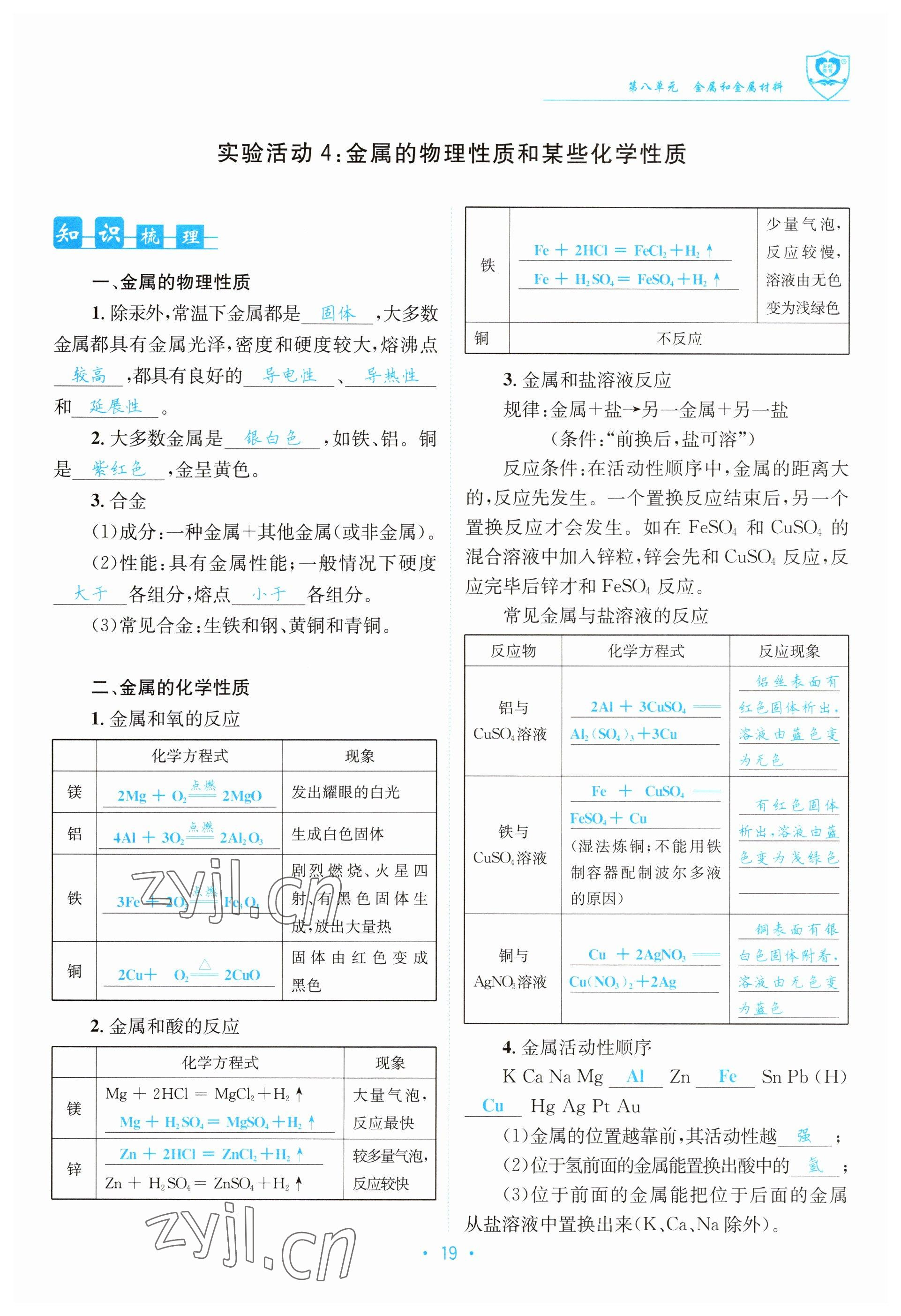 2023年指南针导学探究九年级化学下册人教版 参考答案第19页