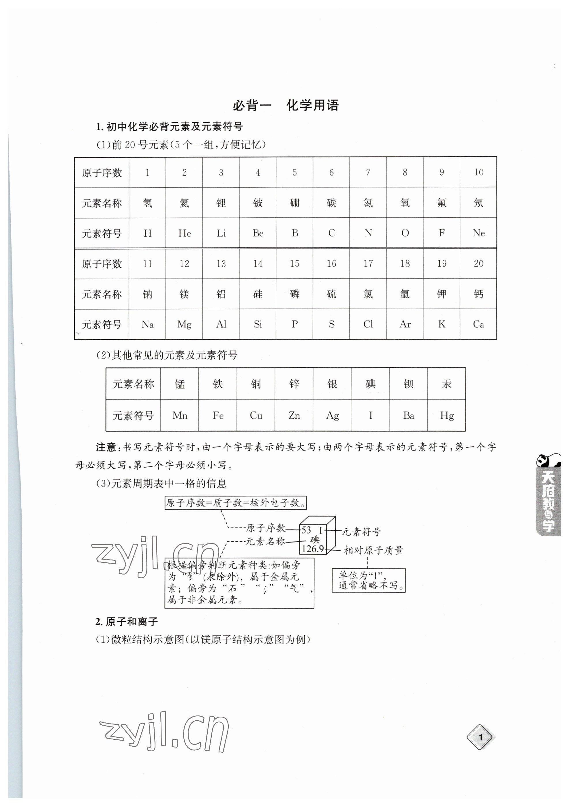 2023年天府教與學中考復習與訓練化學 參考答案第1頁