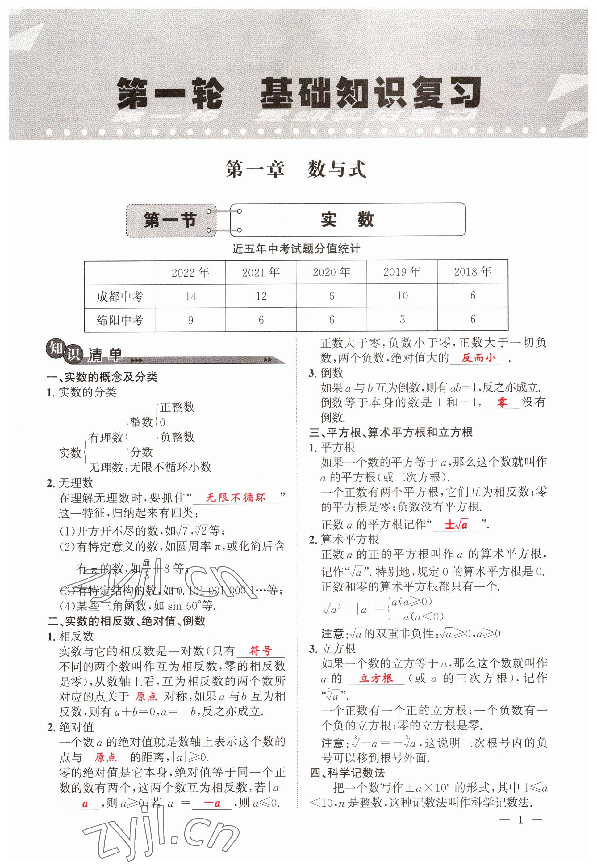 2023年中考1號數學 參考答案第1頁