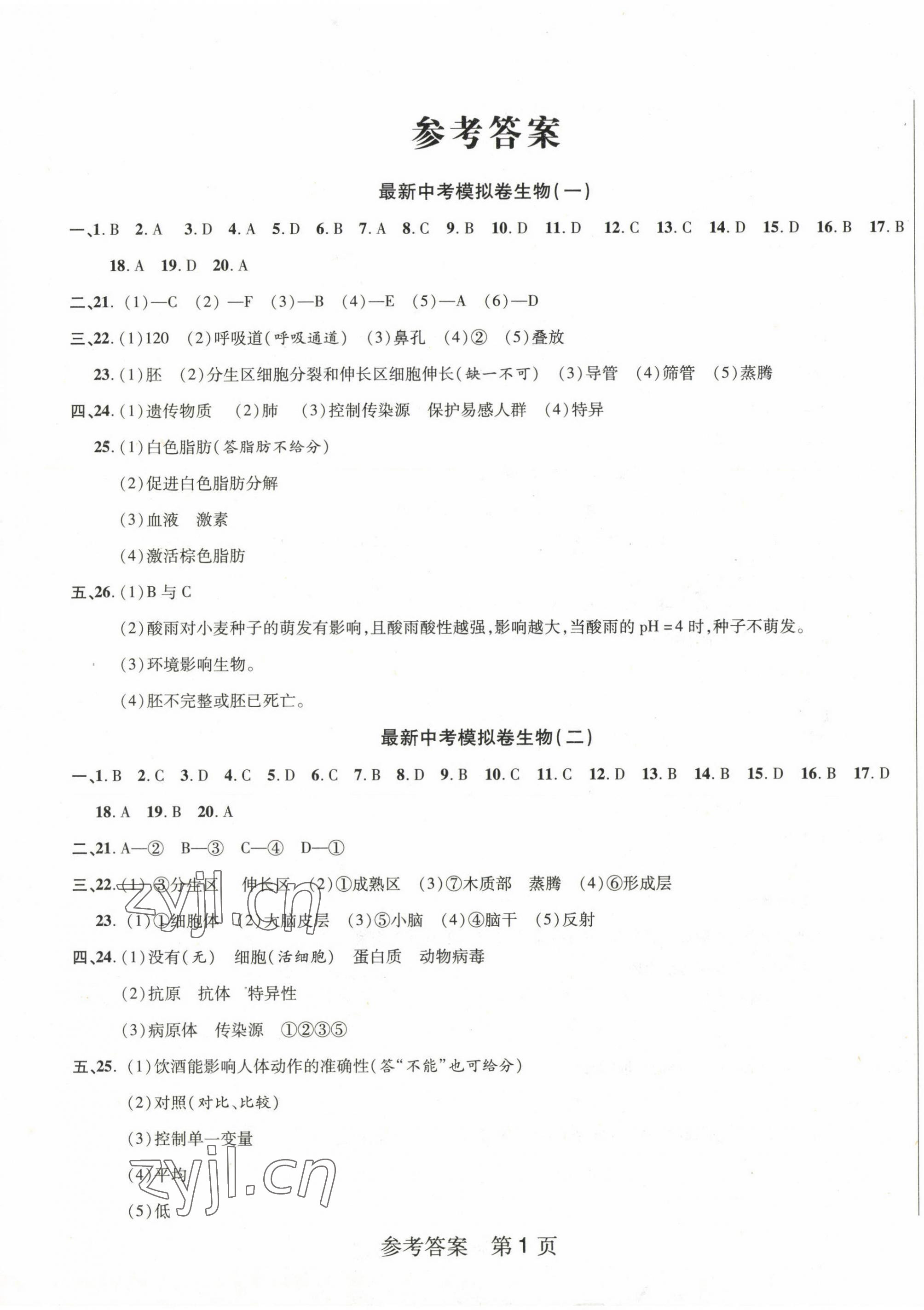 2023年最新中考模拟卷生物 第1页