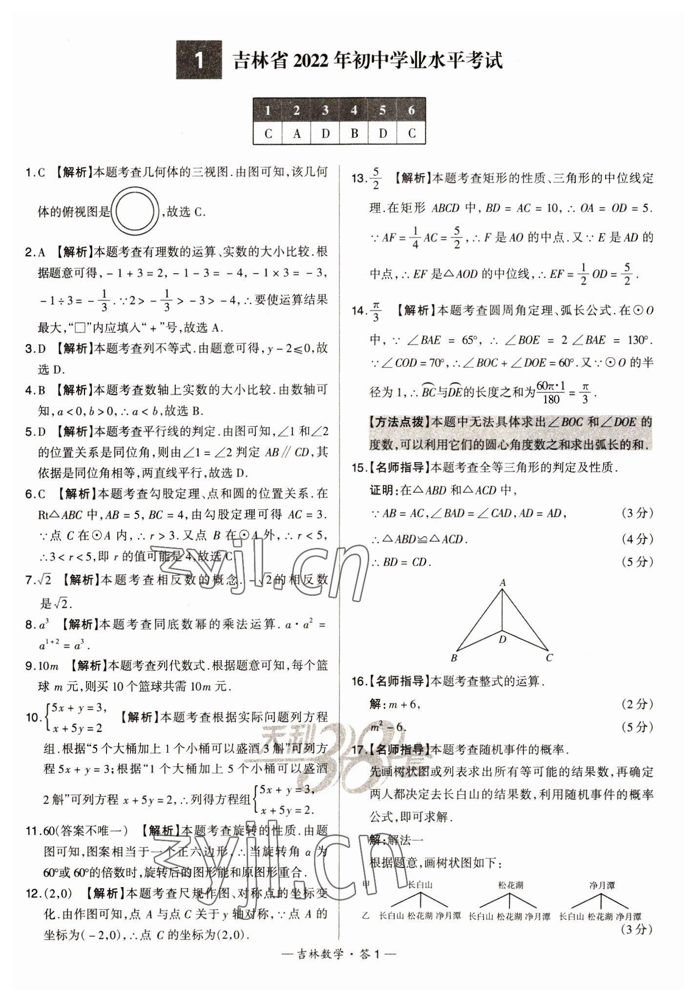 2023年天利38套中考試題精選數(shù)學(xué)中考吉林專(zhuān)版 參考答案第1頁(yè)