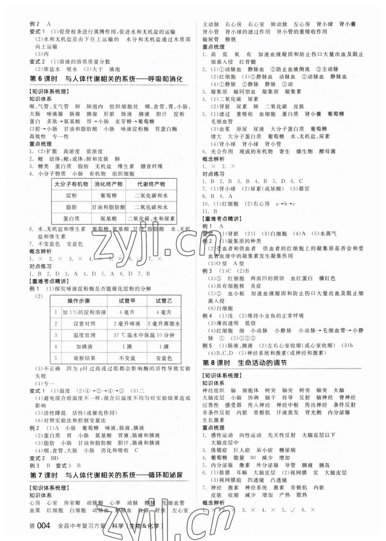 2023年全品中考复习方案科学(生物化学)杭州专版 参考答案第3页