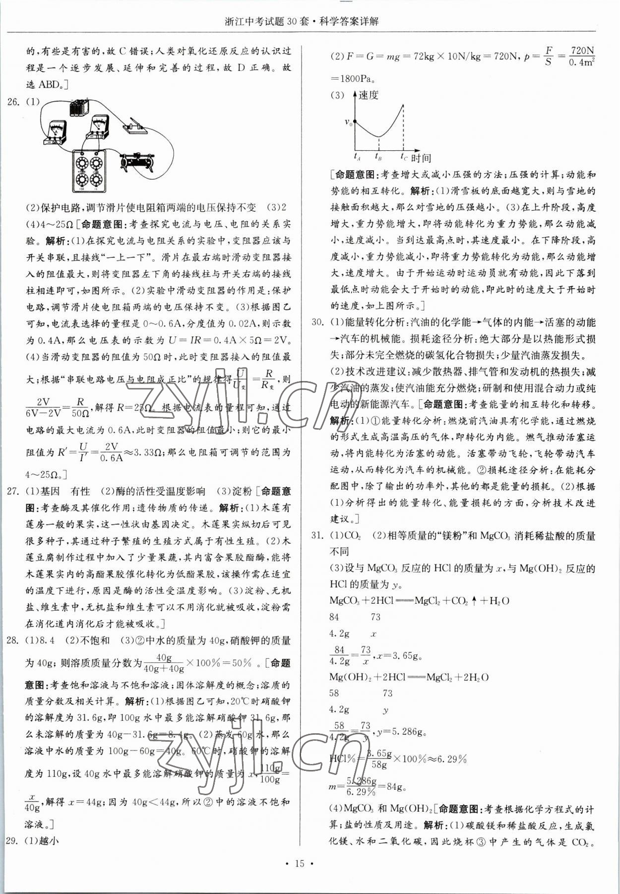 2023年浙江中考試題30套科學(xué) 參考答案第15頁