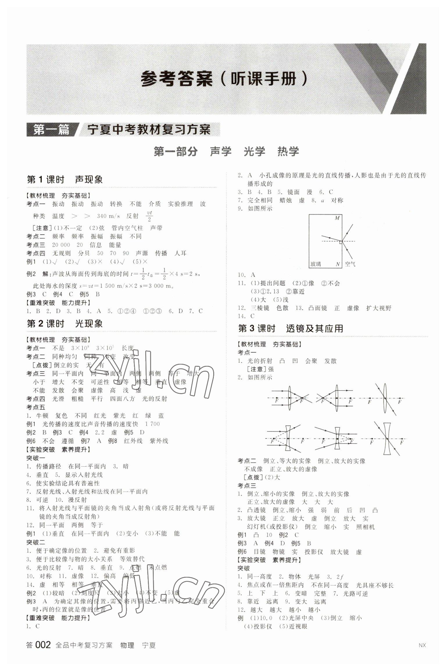 2023年全品中考復習方案物理寧夏專版 參考答案第1頁