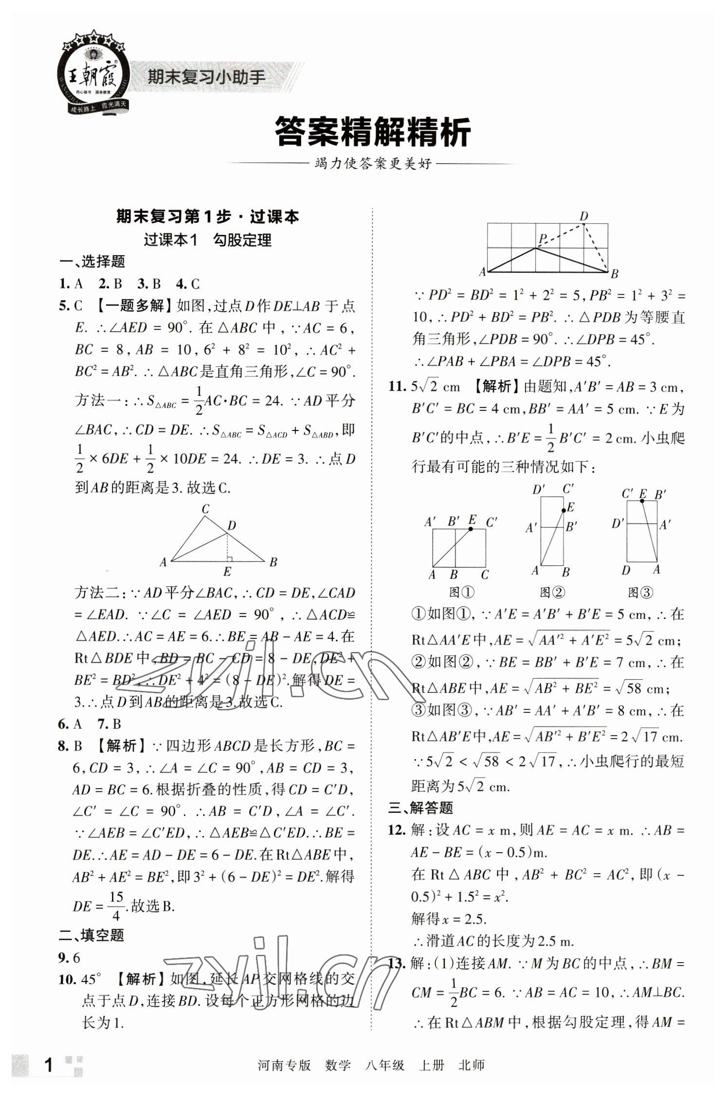 2022年王朝霞各地期末试卷精选八年级数学上册北师大版河南专版 参考答案第1页