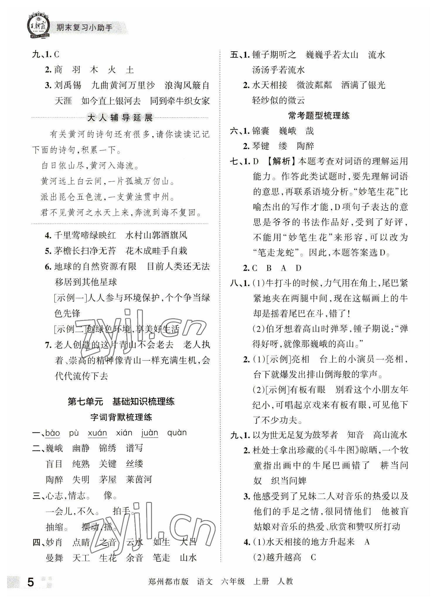 2022年王朝霞期末真題精編六年級語文上冊人教版鄭州專版 參考答案第5頁