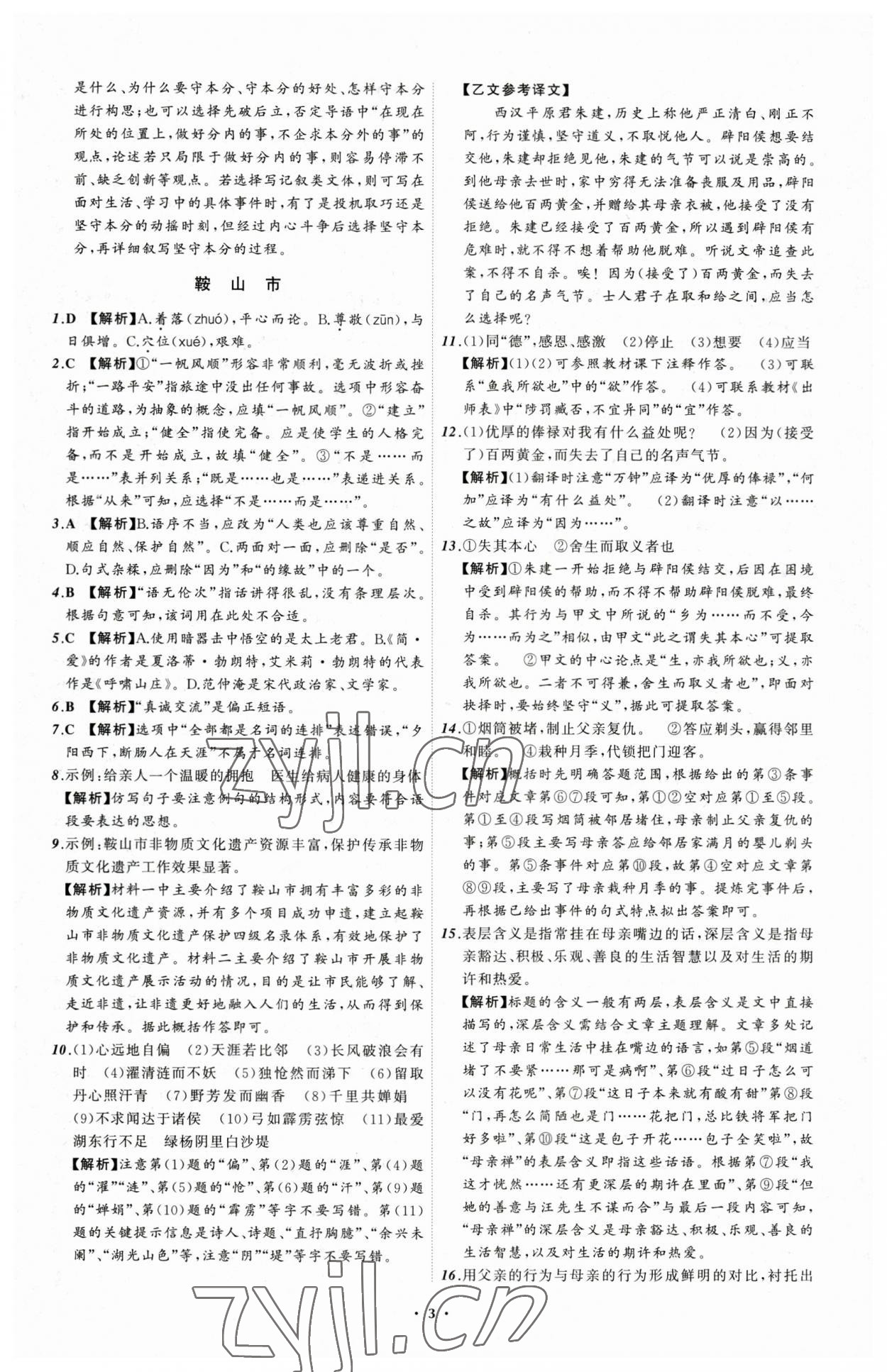 2023年中考必備語(yǔ)文遼寧專版 參考答案第3頁(yè)