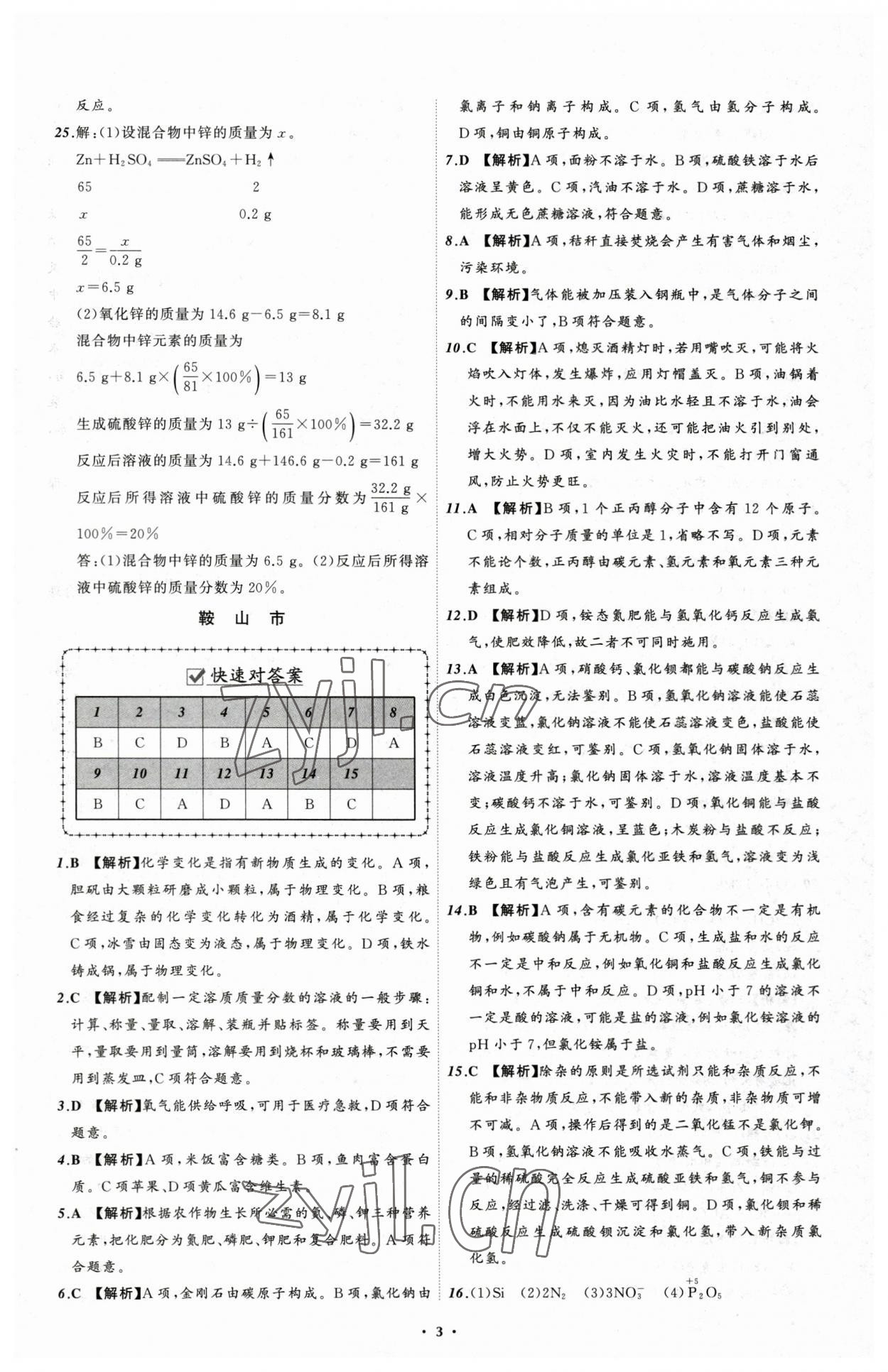 2023年中考必备化学辽宁专版 参考答案第3页