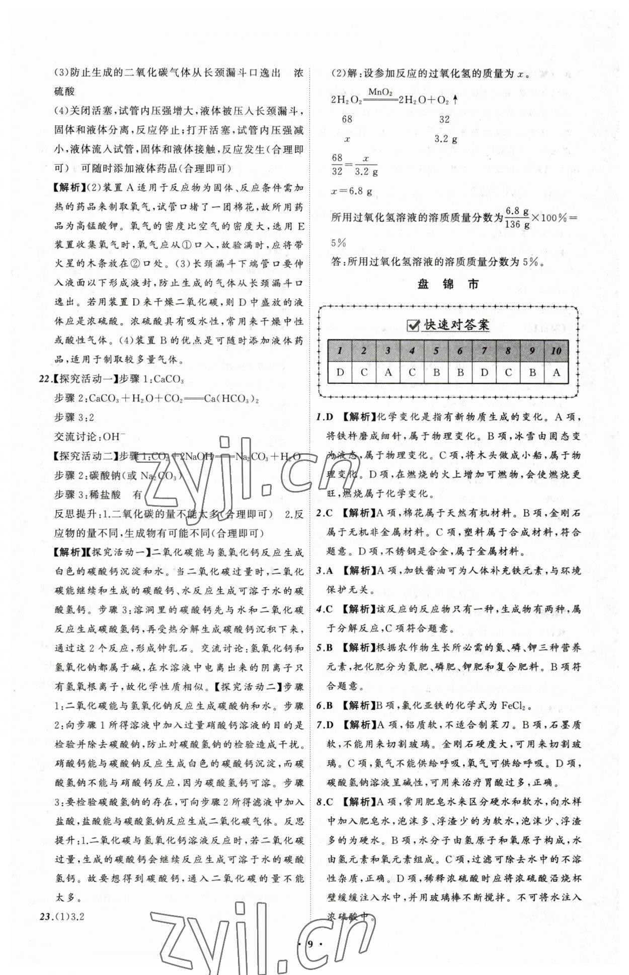 2023年中考必备化学辽宁专版 参考答案第9页