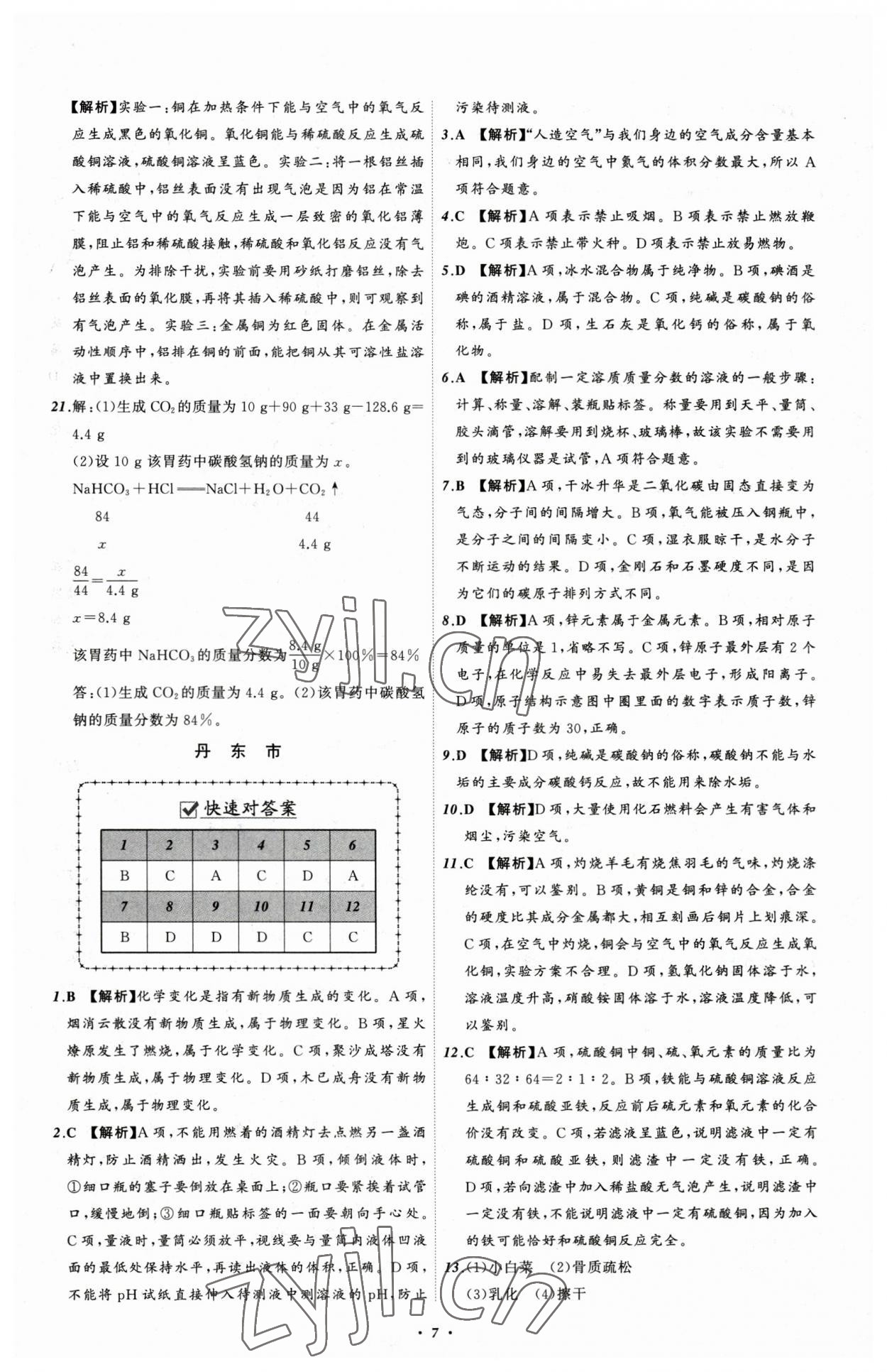 2023年中考必備化學(xué)遼寧專版 參考答案第7頁