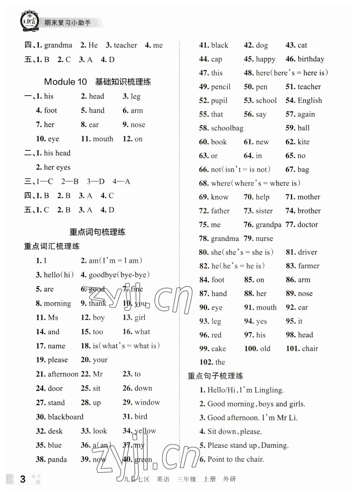 2022年王朝霞各地期末试卷精选三年级英语上册外研版洛阳专版 参考答案第3页