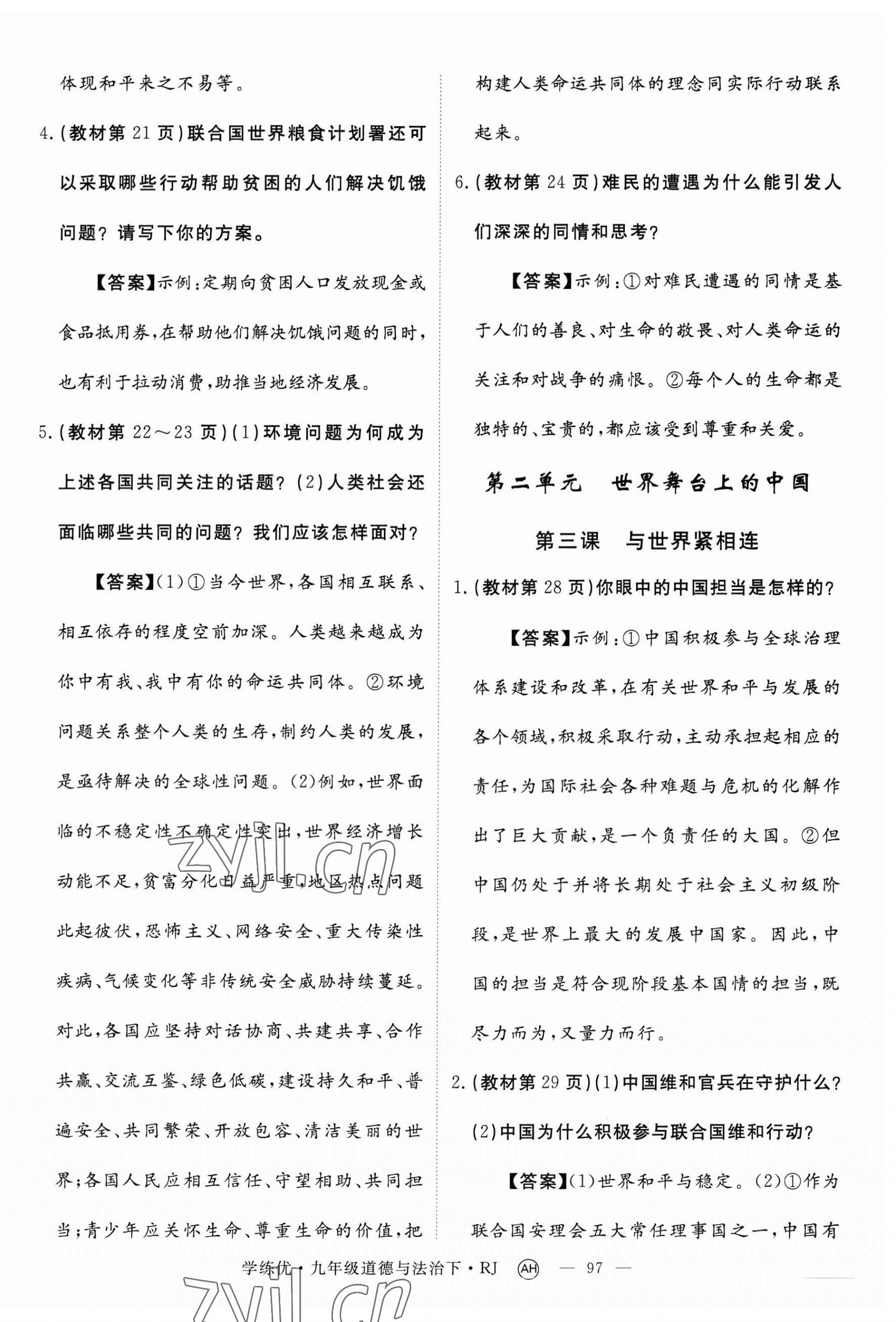 2023年九年級(jí)道道德與法治下冊(cè)人教版 參考答案第3頁(yè)