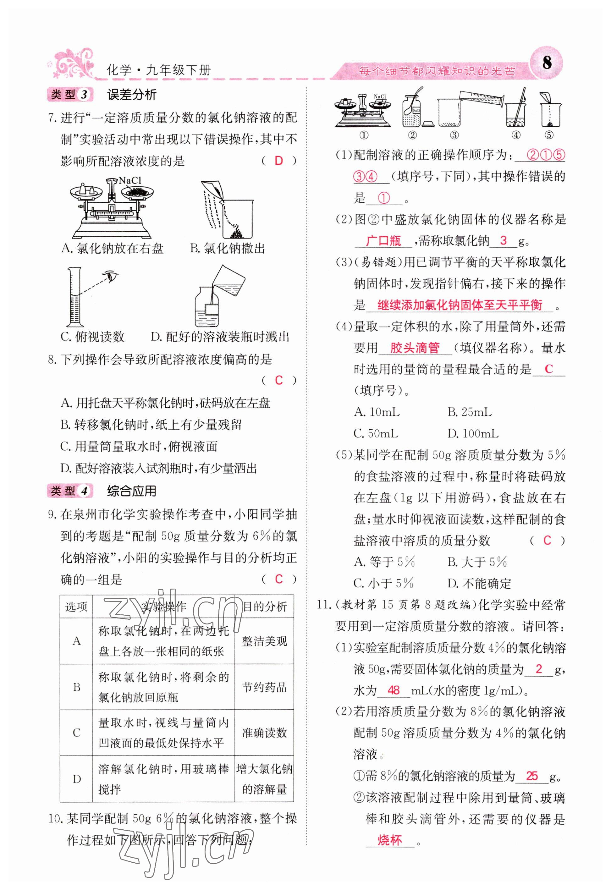 2023年課堂點(diǎn)睛九年級化學(xué)下冊滬教版 參考答案第8頁