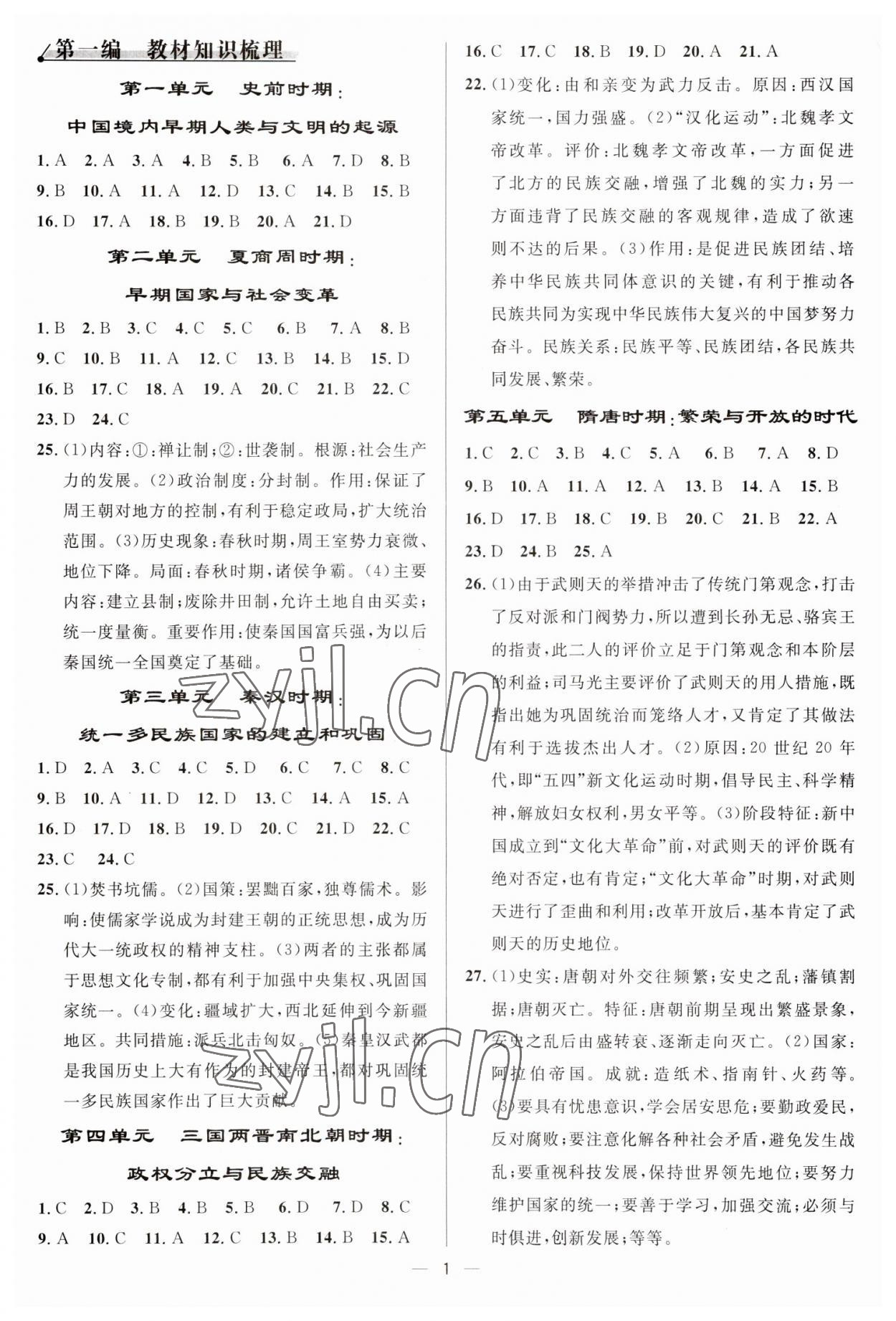 2023年中考对策历史临沂专版 参考答案第1页