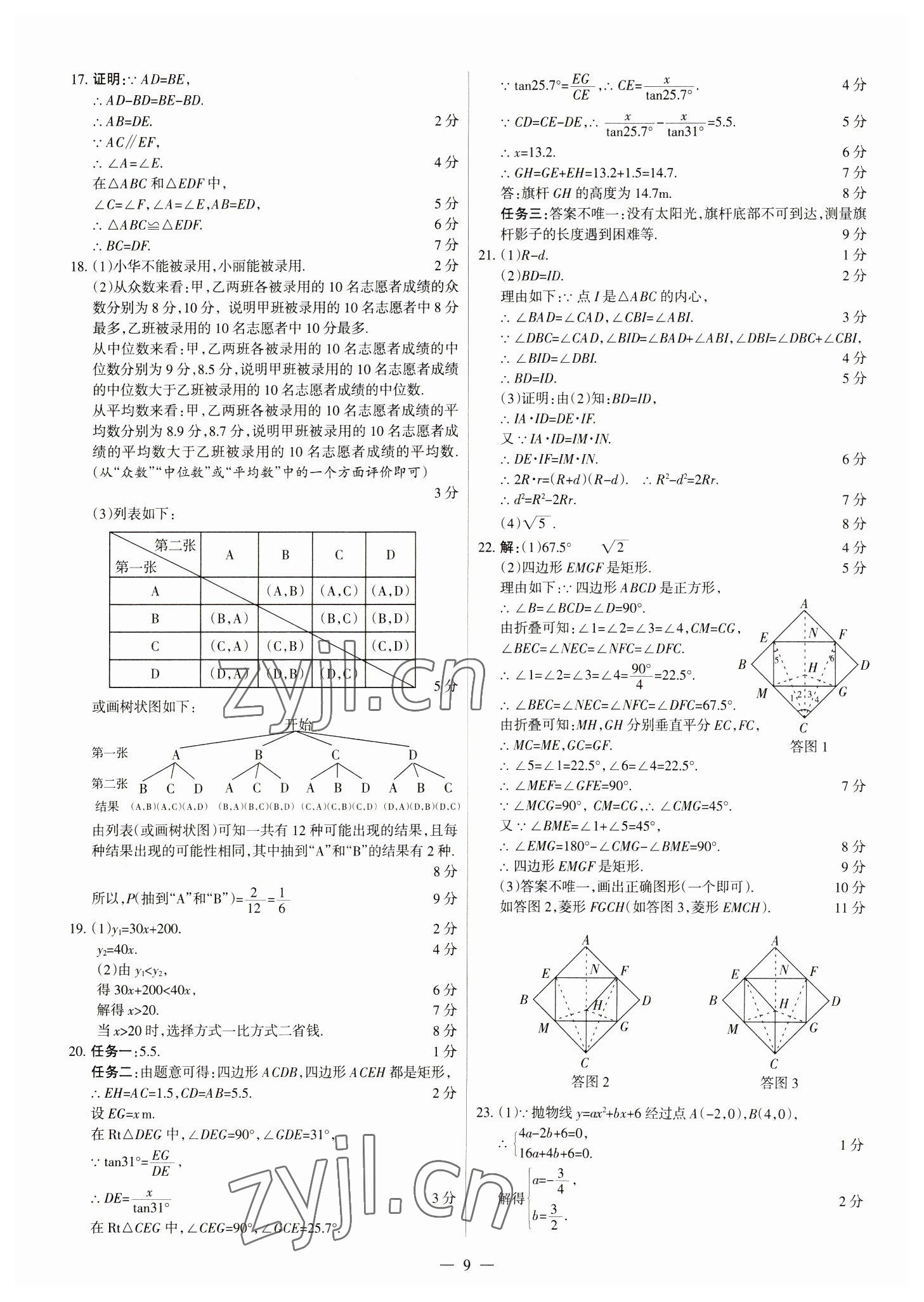 2023年中考方舟試題薈萃及詳解數(shù)學(xué)山西專版 參考答案第9頁(yè)