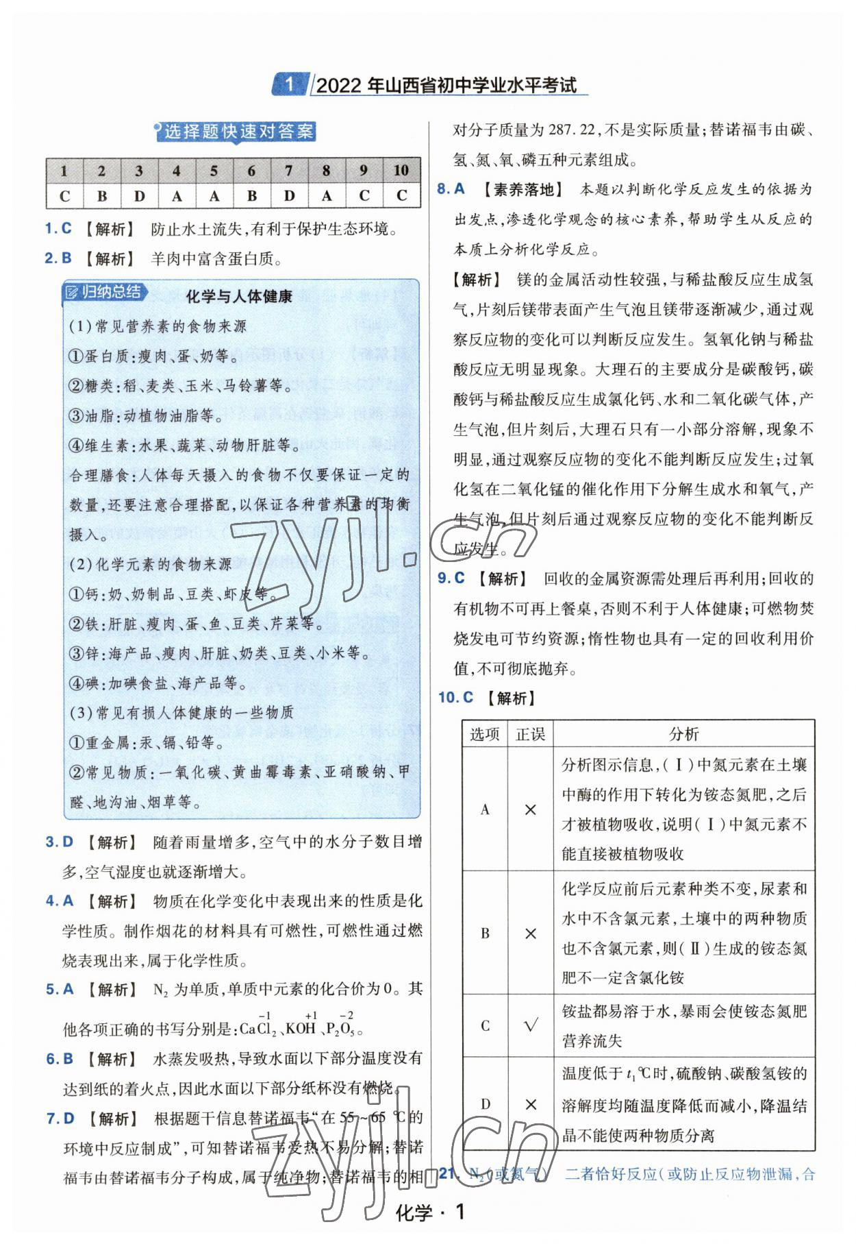 2023年金考卷中考45套匯編化學山西專版紫色封面 參考答案第1頁