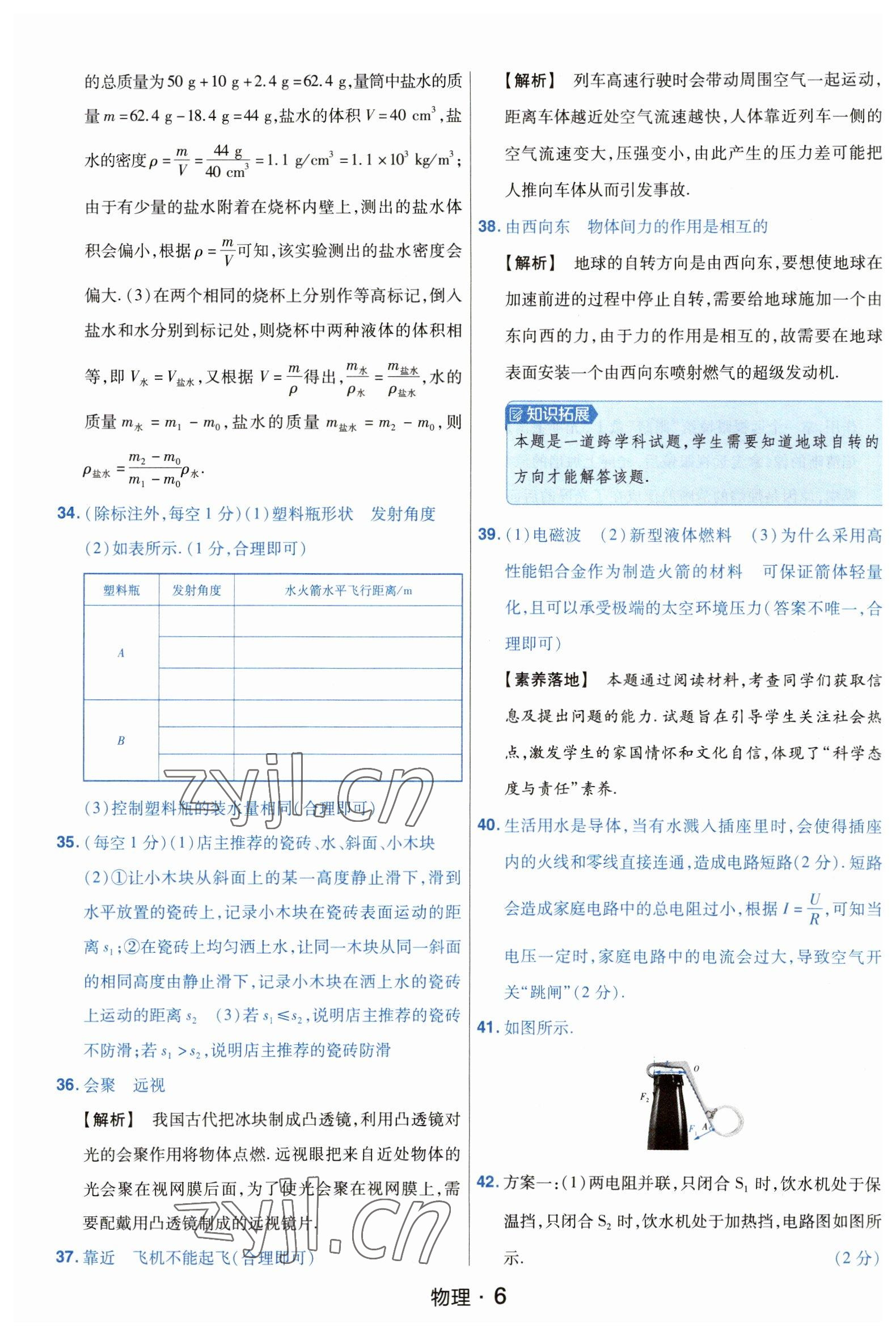 2023年金考卷中考45套匯編物理山西專版紫色封面 參考答案第6頁