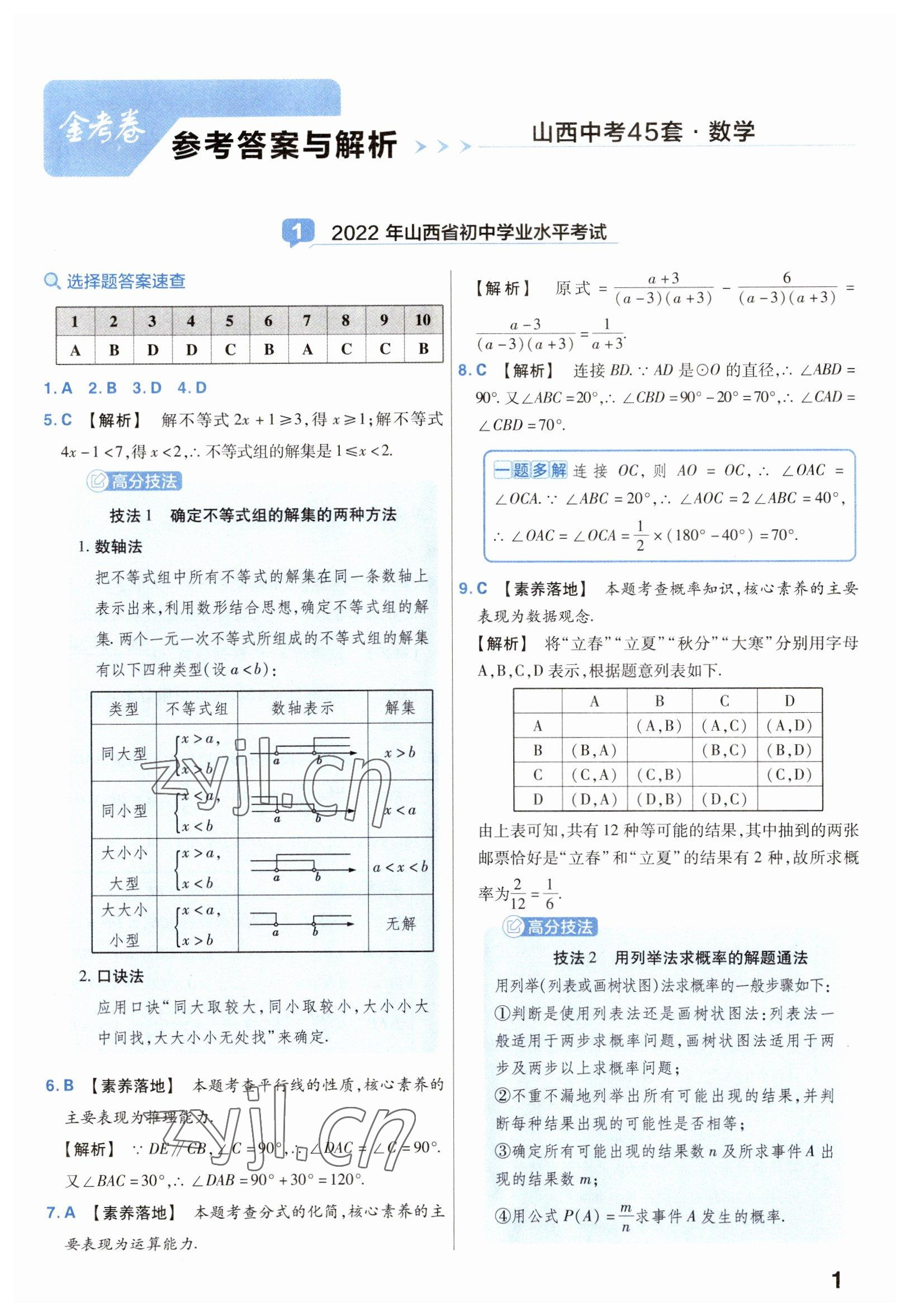 2023年金考卷中考45套汇编数学山西专版 参考答案第1页