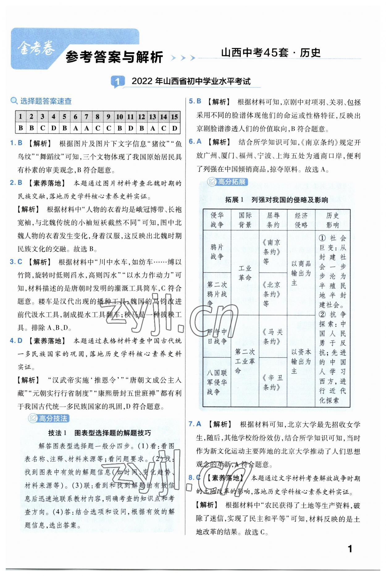 2023年金考卷中考45套匯編歷史山西專版 參考答案第1頁