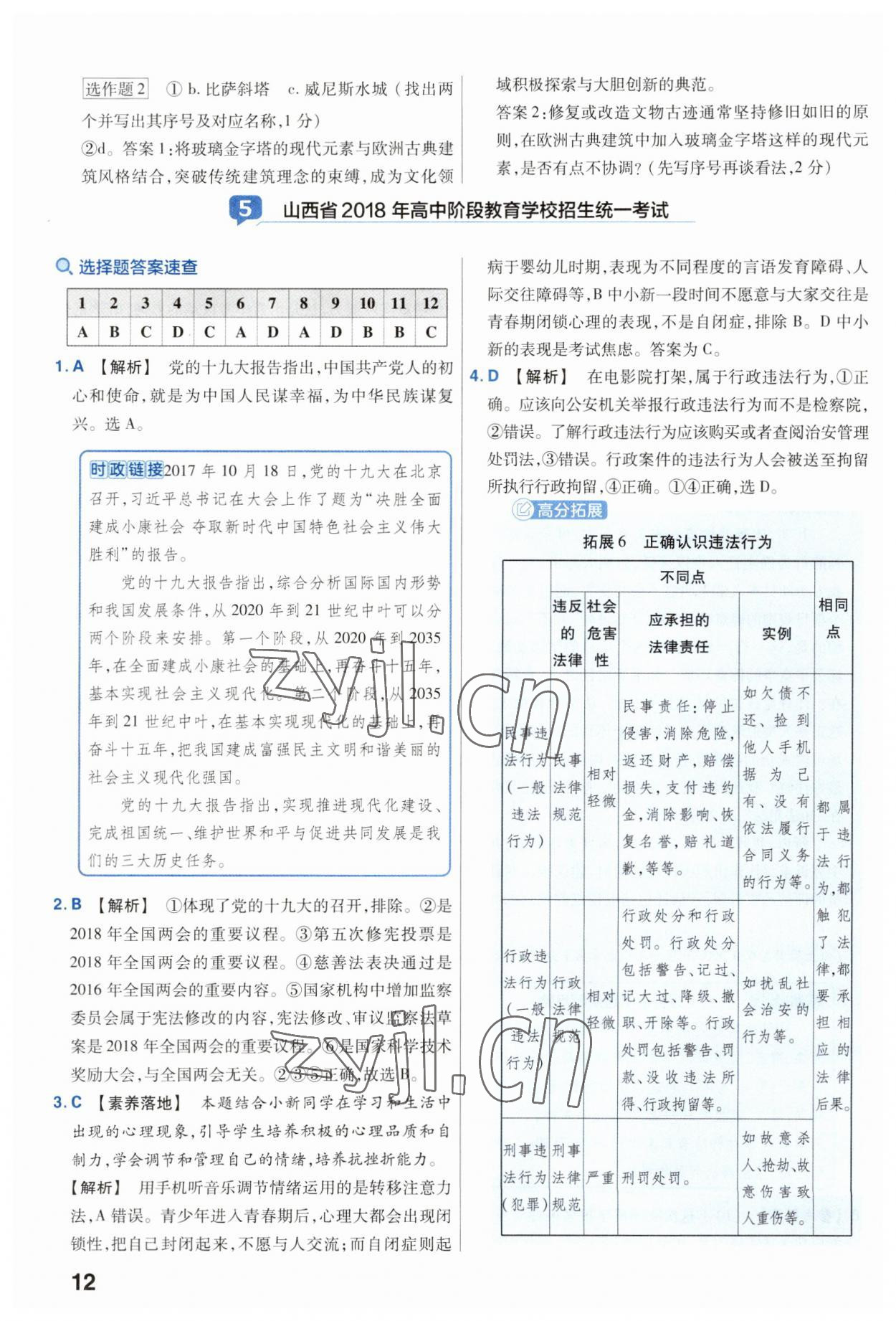 2023年金考卷中考45套匯編道德與法治山西專版 參考答案第12頁