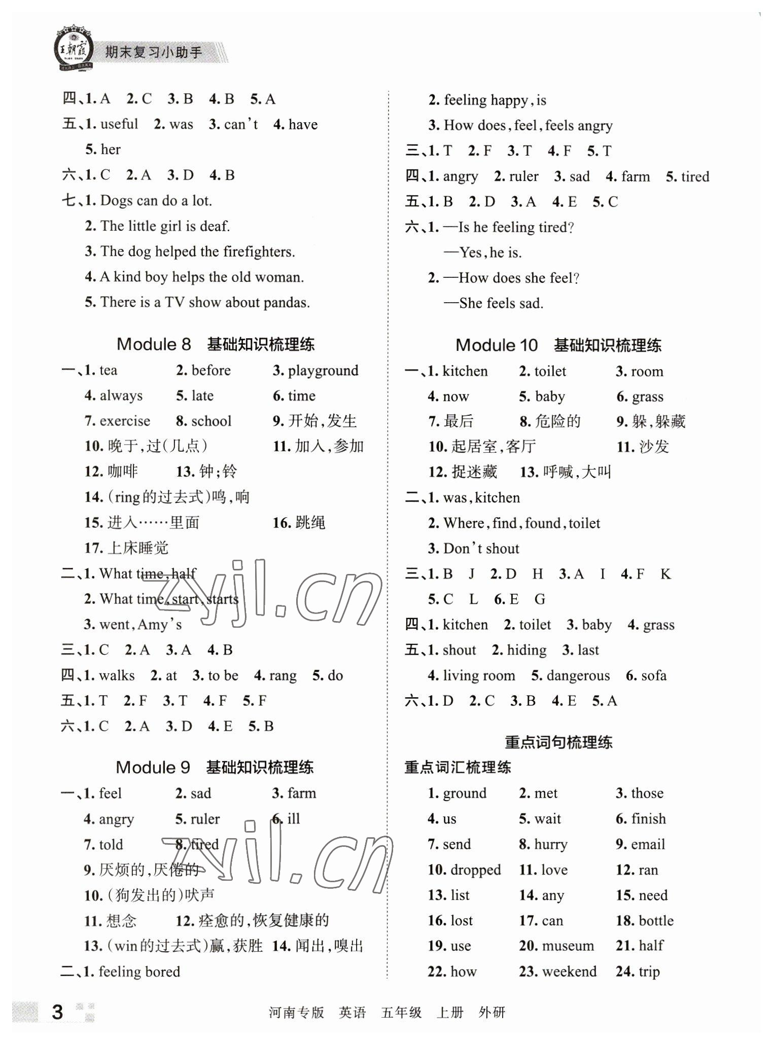 2022年王朝霞各地期末試卷精選五年級英語上冊外研版河南專版 參考答案第3頁