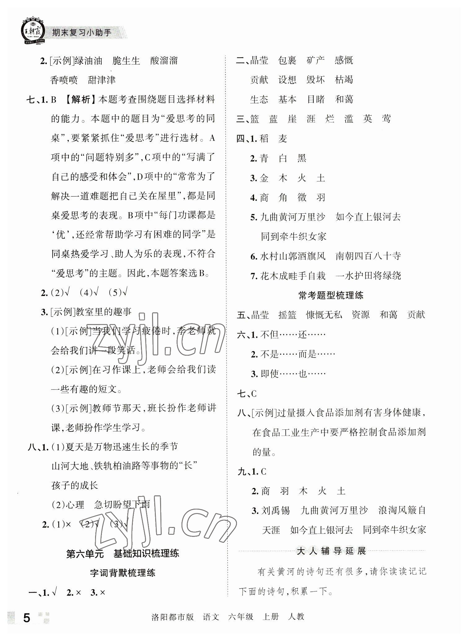 2022年王朝霞各地期末试卷精选六年级语文上册人教版洛阳专版 参考答案第5页