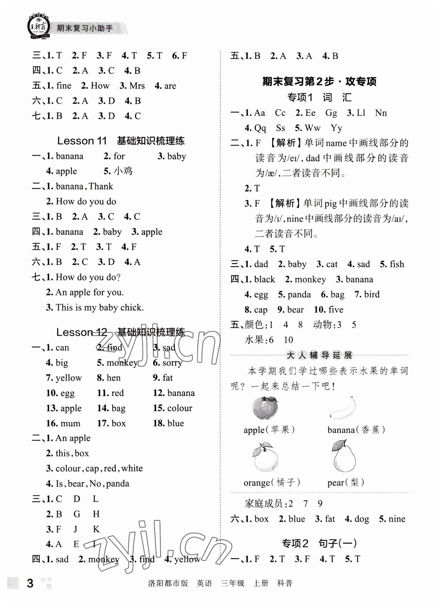 2022年王朝霞各地期末试卷精选三年级英语上册科普版洛阳专版 参考答案第3页