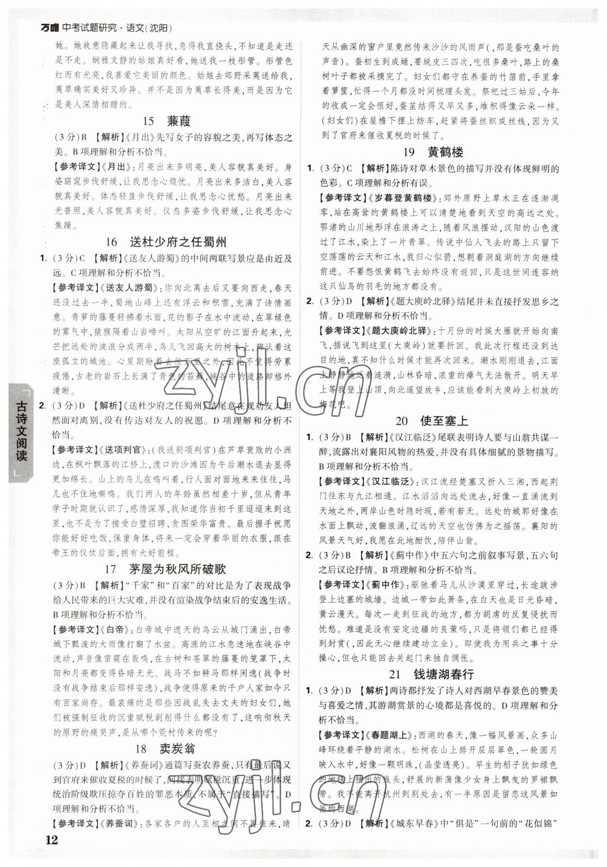 2023年万唯中考试题研究语文人教版沈阳专版 参考答案第12页