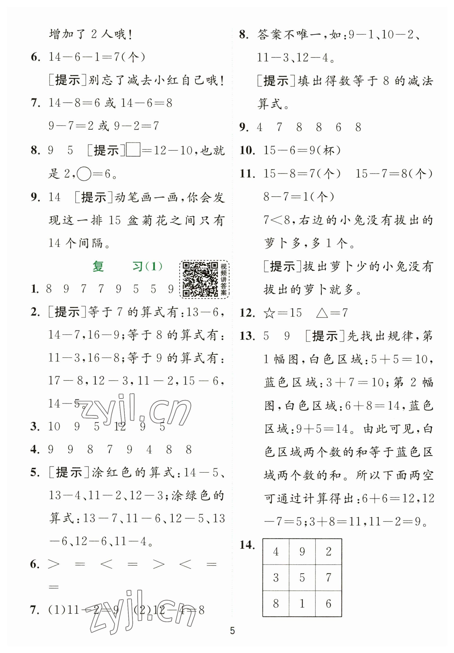 2023年實(shí)驗(yàn)班提優(yōu)訓(xùn)練一年級(jí)數(shù)學(xué)下冊(cè)蘇教版 參考答案第5頁(yè)