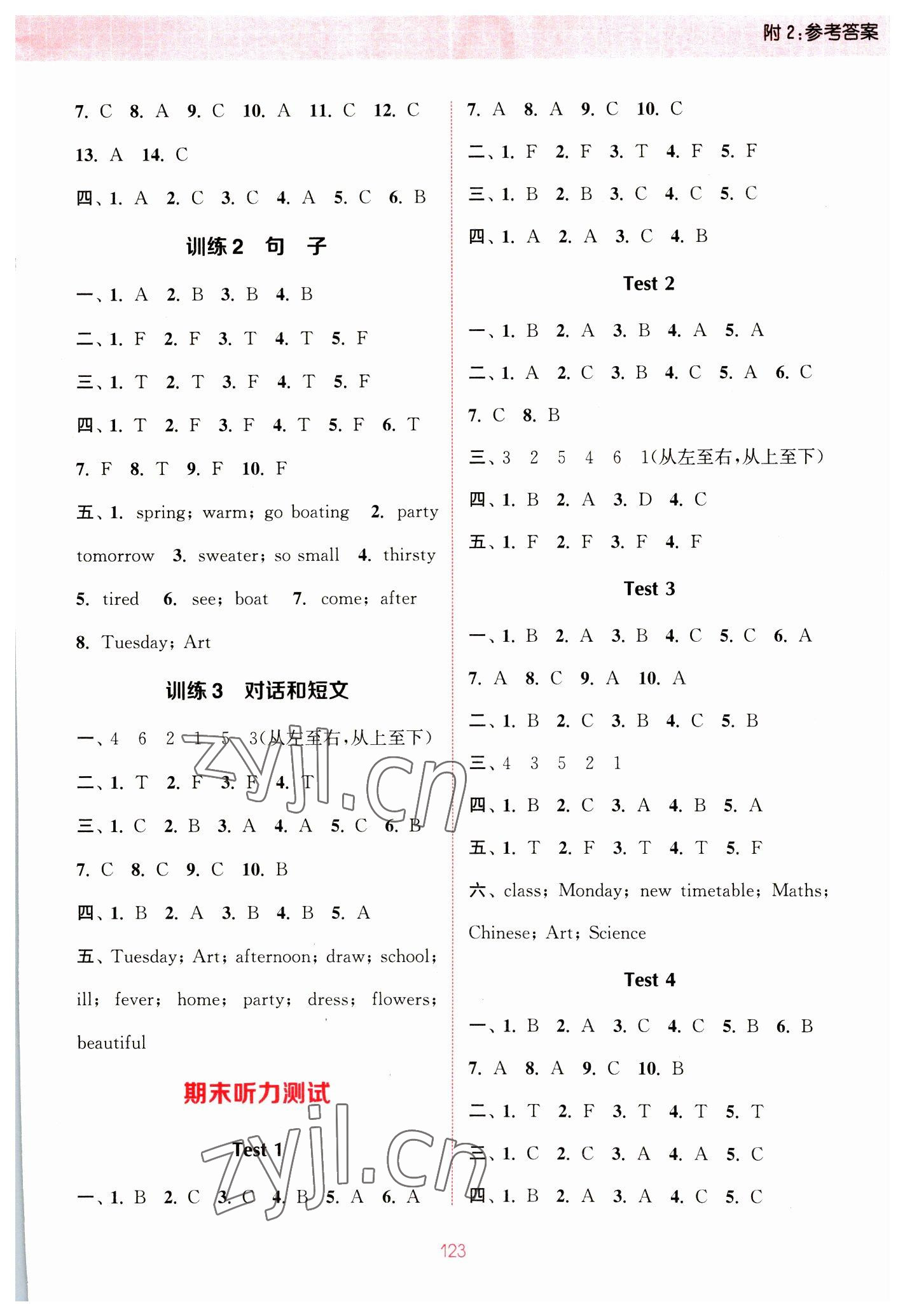 2023年通城學(xué)典小學(xué)英語聽力能手四年級下冊譯林版 參考答案第7頁