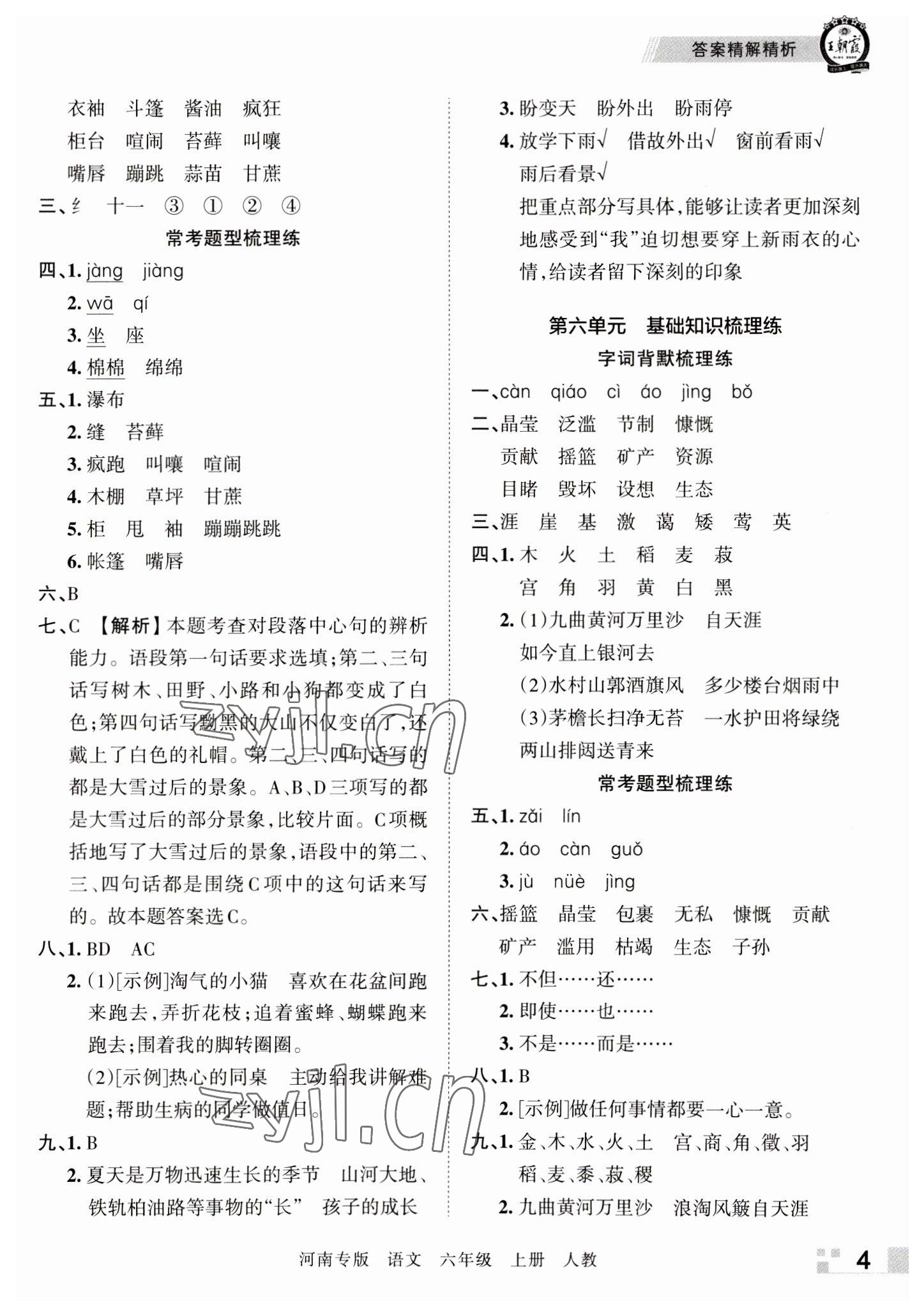 2022年王朝霞各地期末试卷精选六年级语文上册人教版河南专版 参考答案第4页