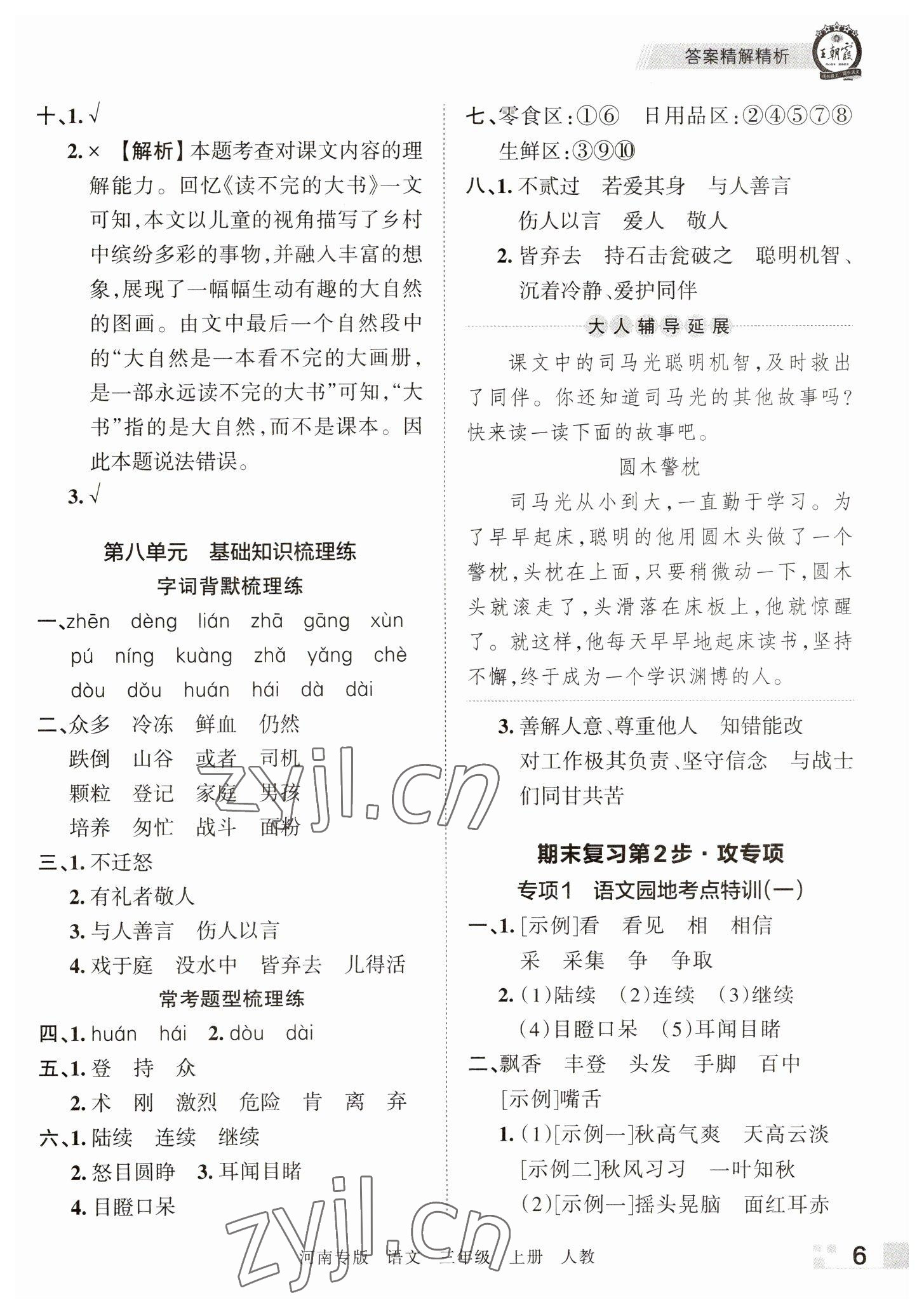 2022年王朝霞各地期末試卷精選三年級語文上冊人教版河南專版 參考答案第6頁