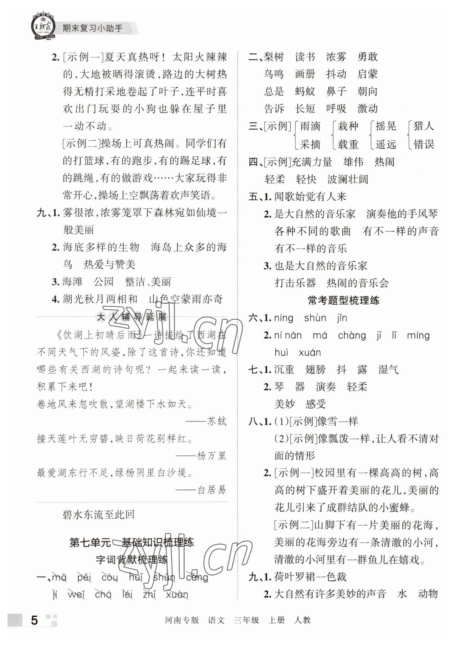 2022年王朝霞各地期末试卷精选三年级语文上册人教版河南专版 参考答案第5页