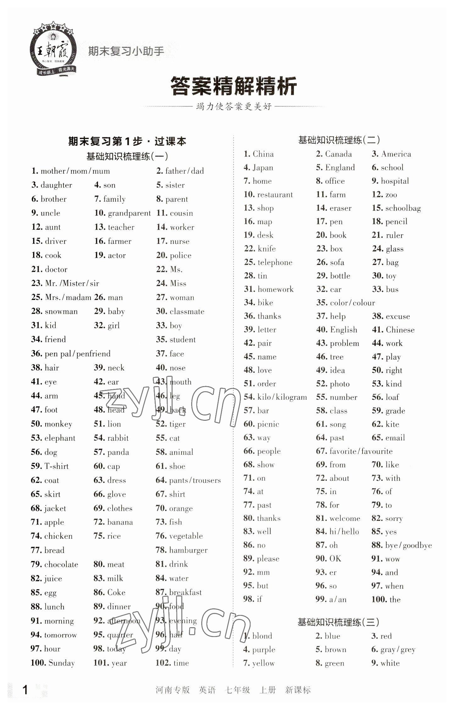 2022年王朝霞各地期末试卷精选七年级英语上册新课标版河南专版 参考答案第1页