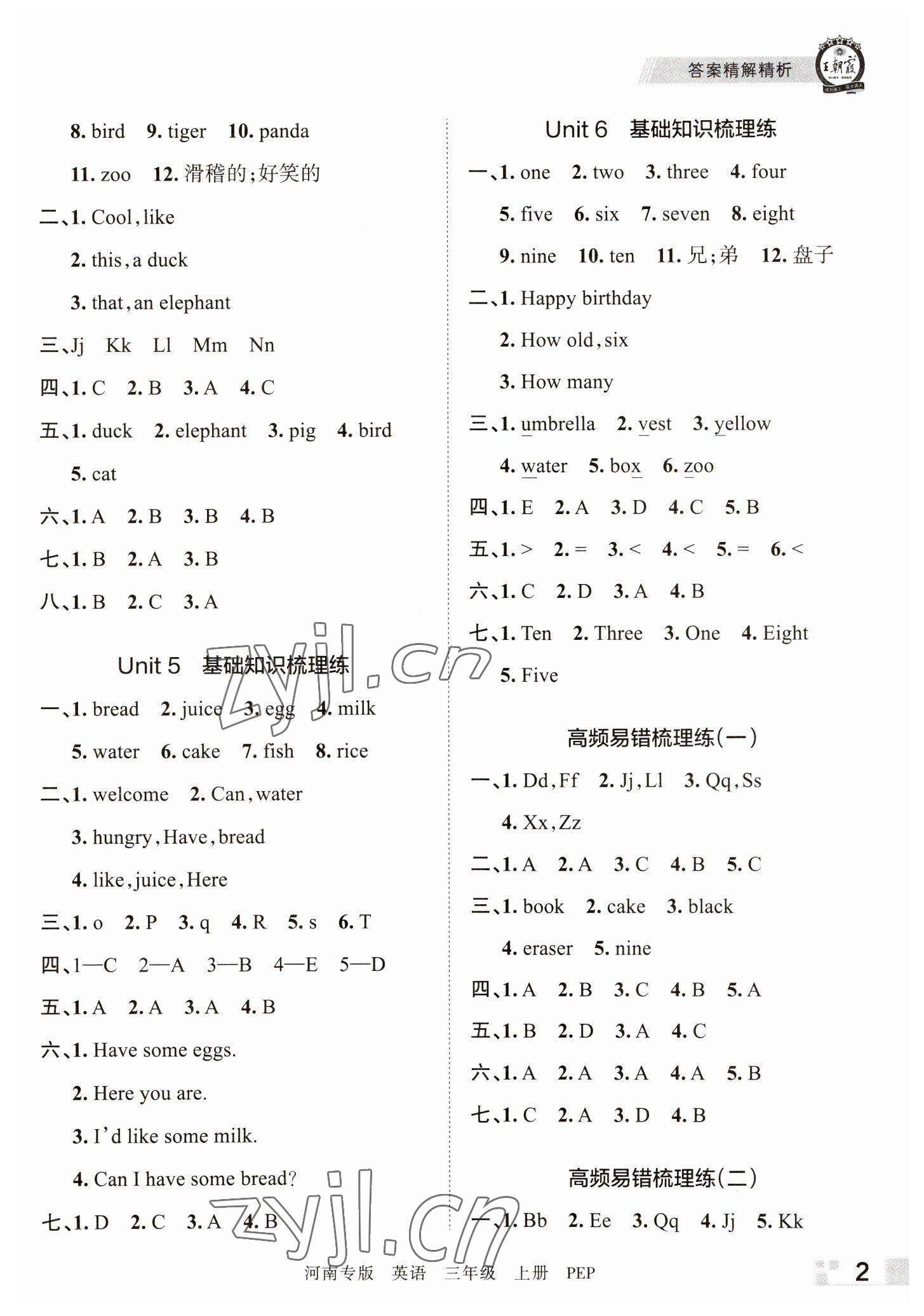 2022年王朝霞各地期末試卷精選三年級英語上冊人教PEP版河南專版 參考答案第2頁