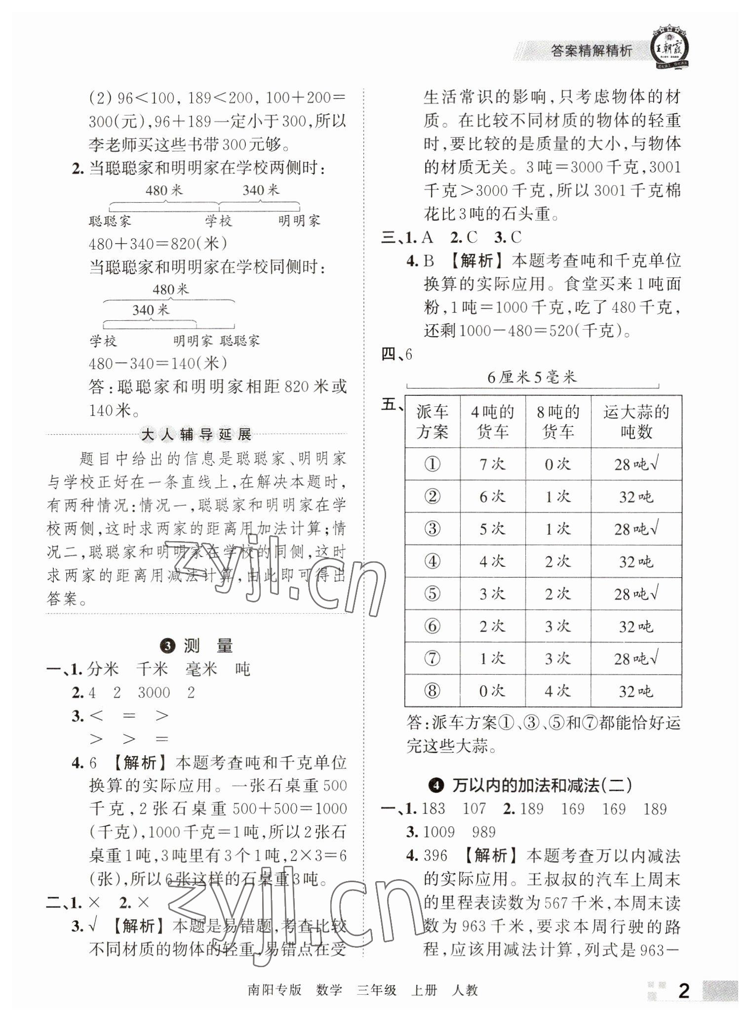 2022年王朝霞期末真题精编三年级数学上册人教版南阳专版 参考答案第2页