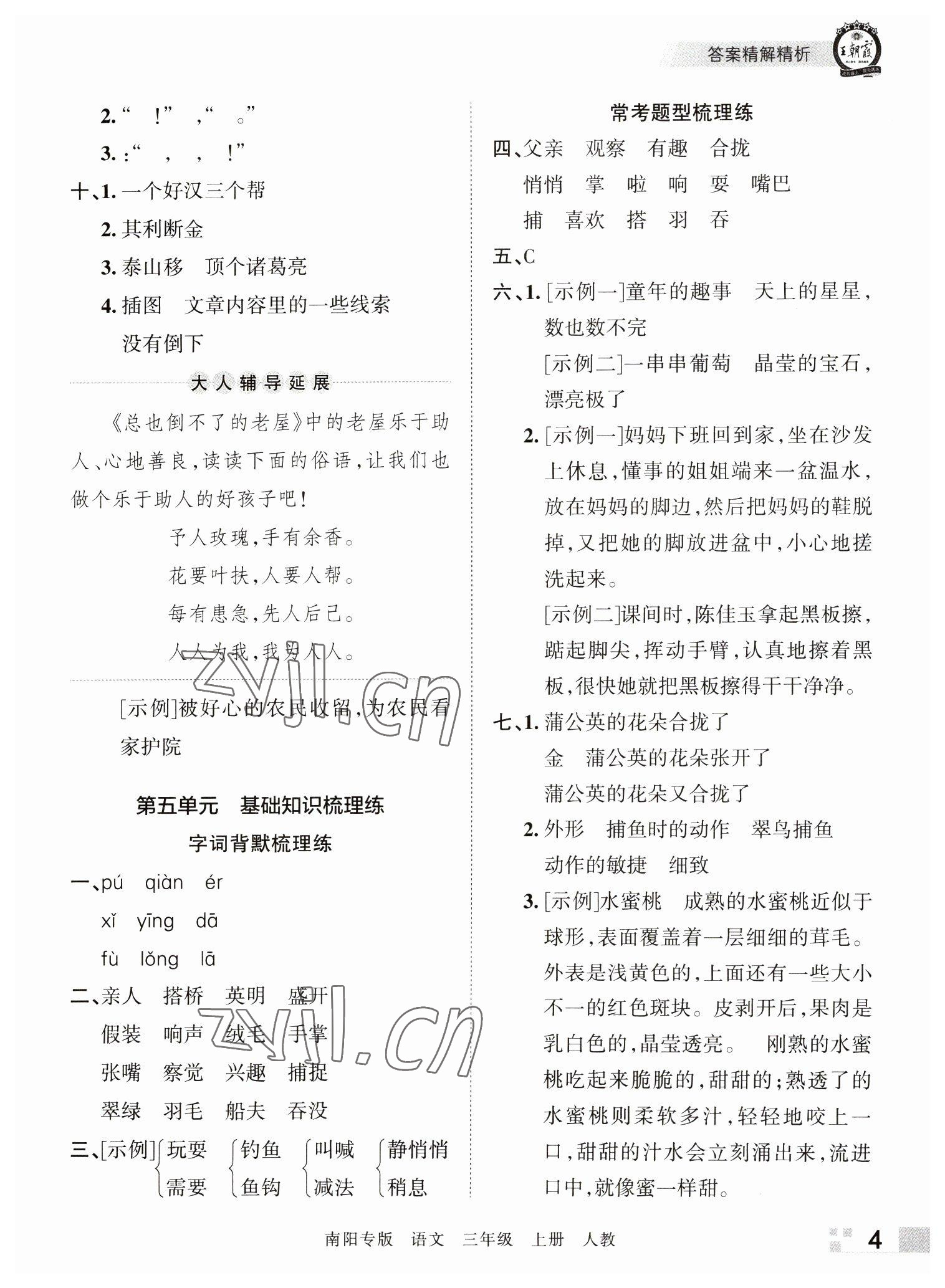 2022年王朝霞期末真题精编三年级语文上册人教版南阳专版 参考答案第4页