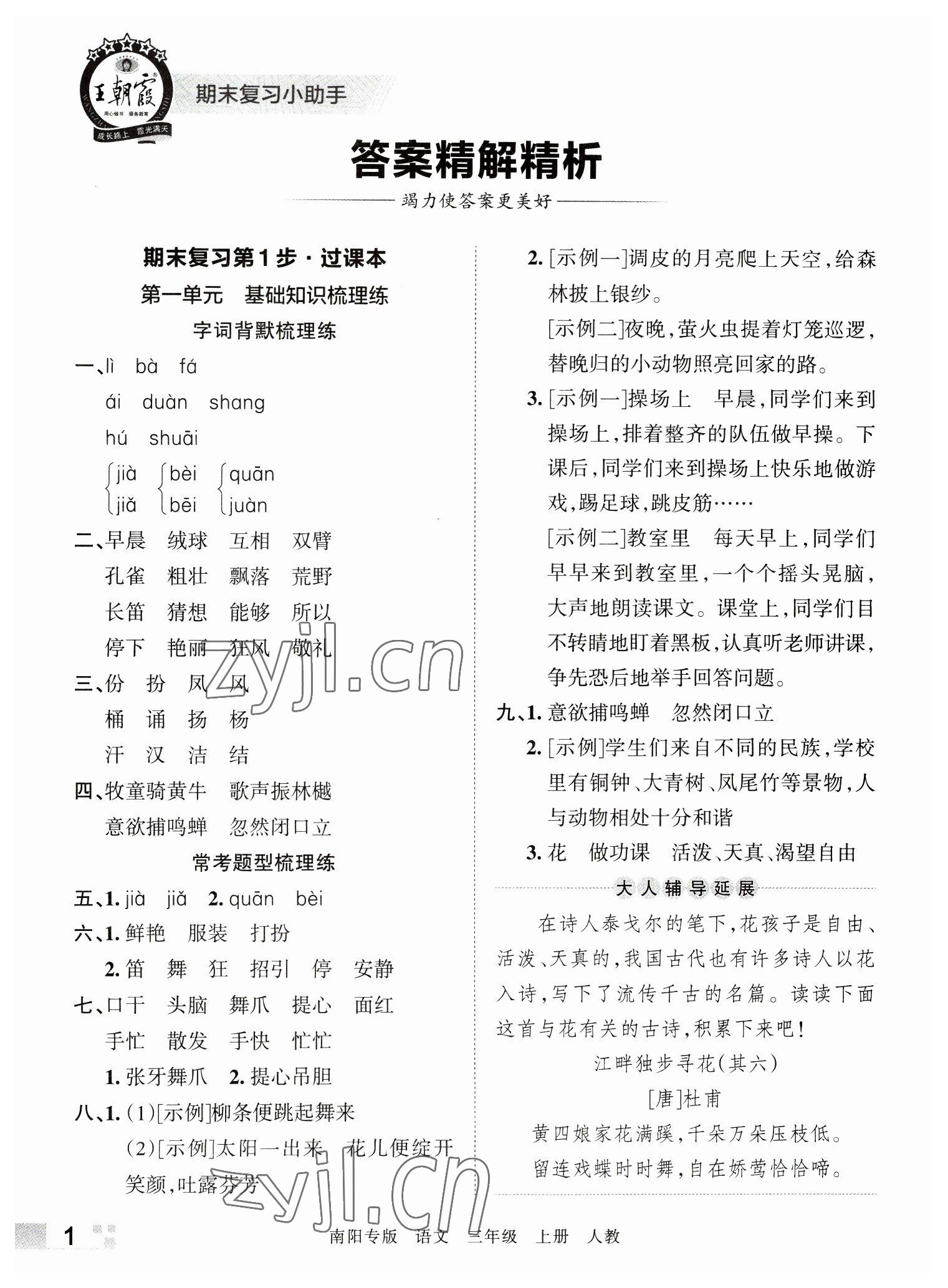 2022年王朝霞期末真题精编三年级语文上册人教版南阳专版 参考答案第1页