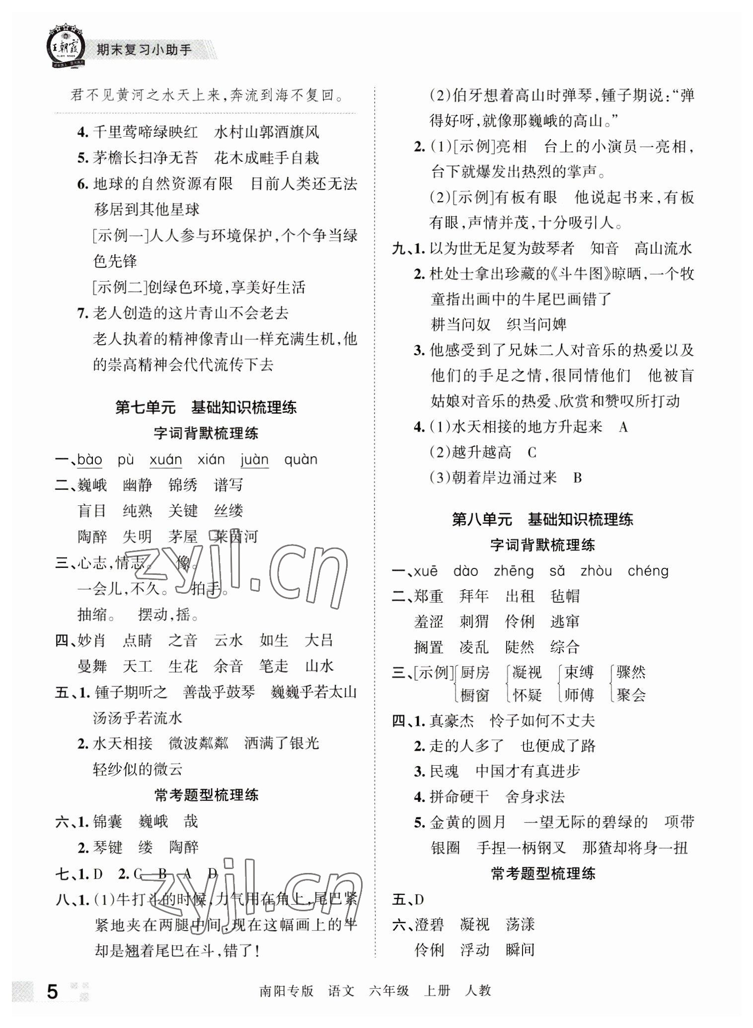 2022年王朝霞期末真题精编六年级语文上册人教版南阳专版 参考答案第5页