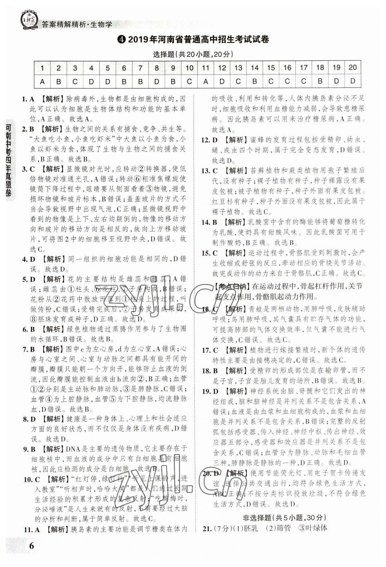 2023年王朝霞中考真題精編生物河南專版 參考答案第6頁