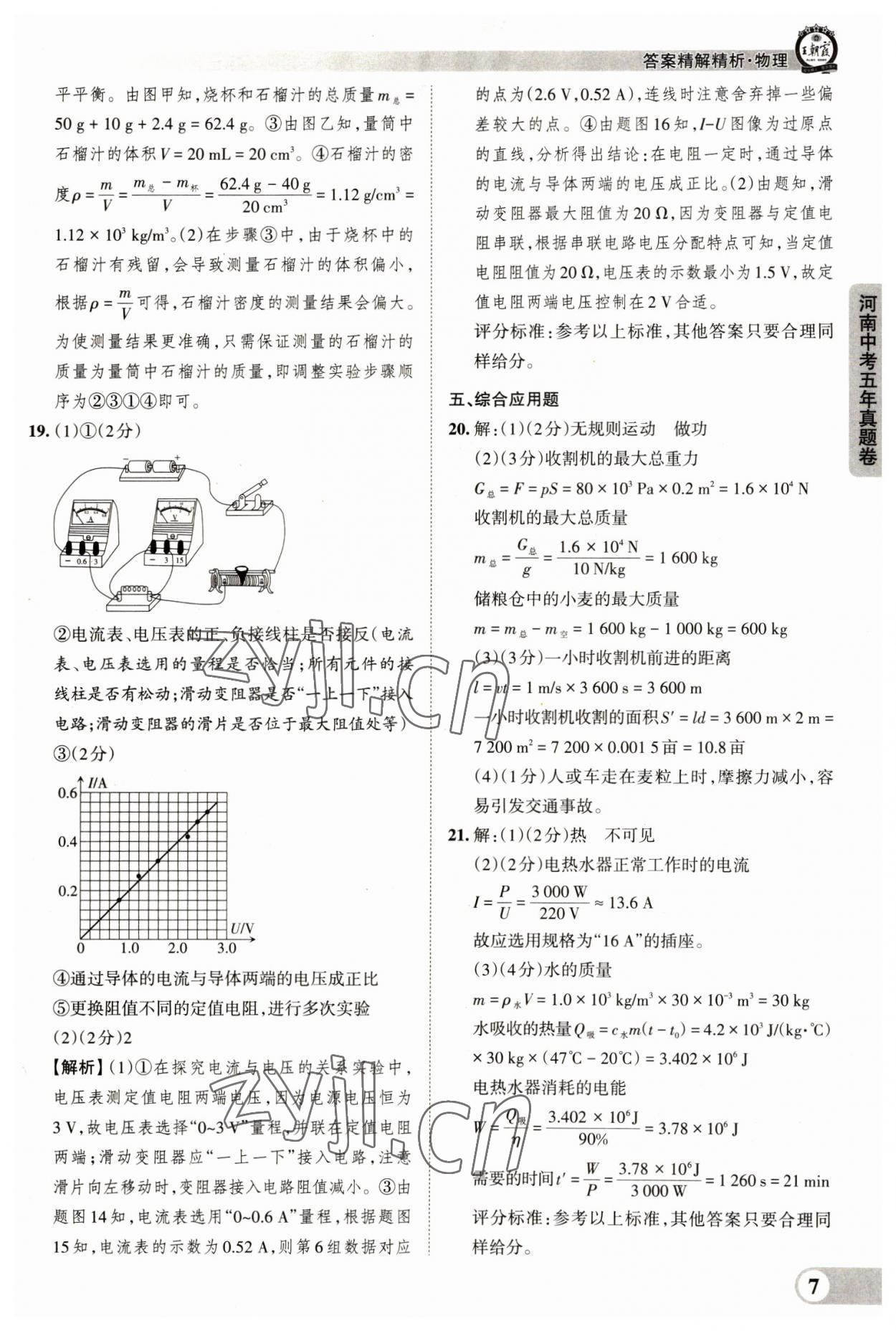 2023年王朝霞中考真题精编物理河南中考 参考答案第7页