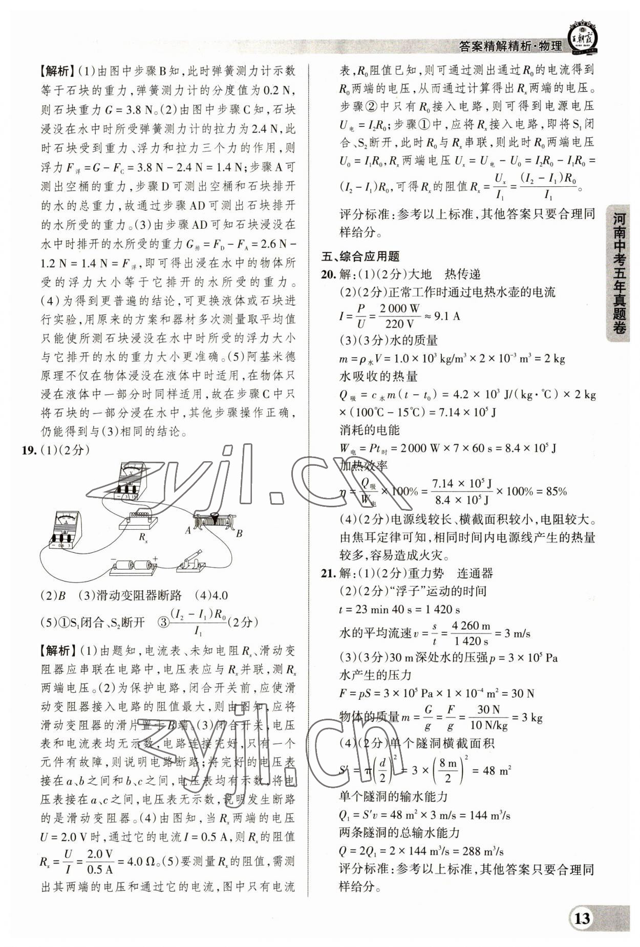 2023年王朝霞中考真题精编物理河南中考 参考答案第13页